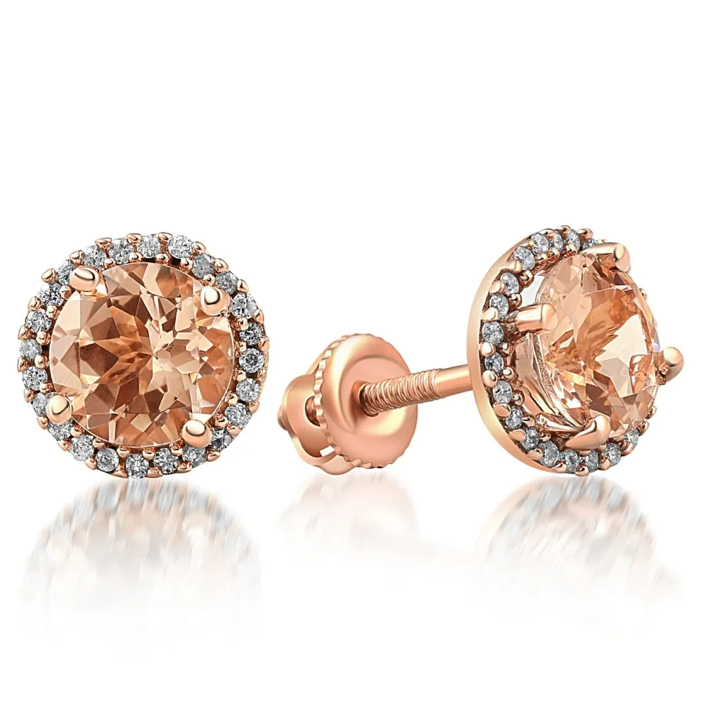 1 1/2 Ct Diamond & Morganite Rose Gold Halo Studs Screw Back Earrings Rose Gold