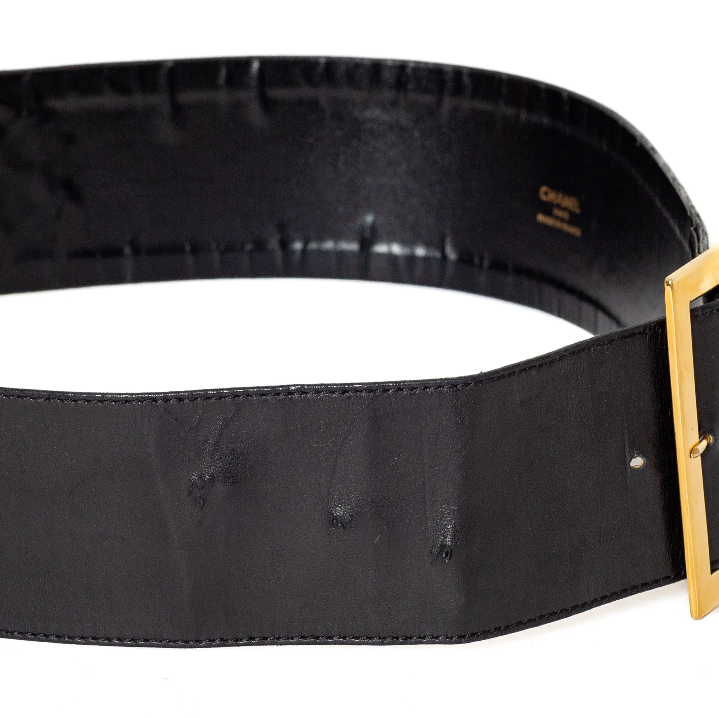 1990s Black Leather 24k Gold-Plated Filigree Belt