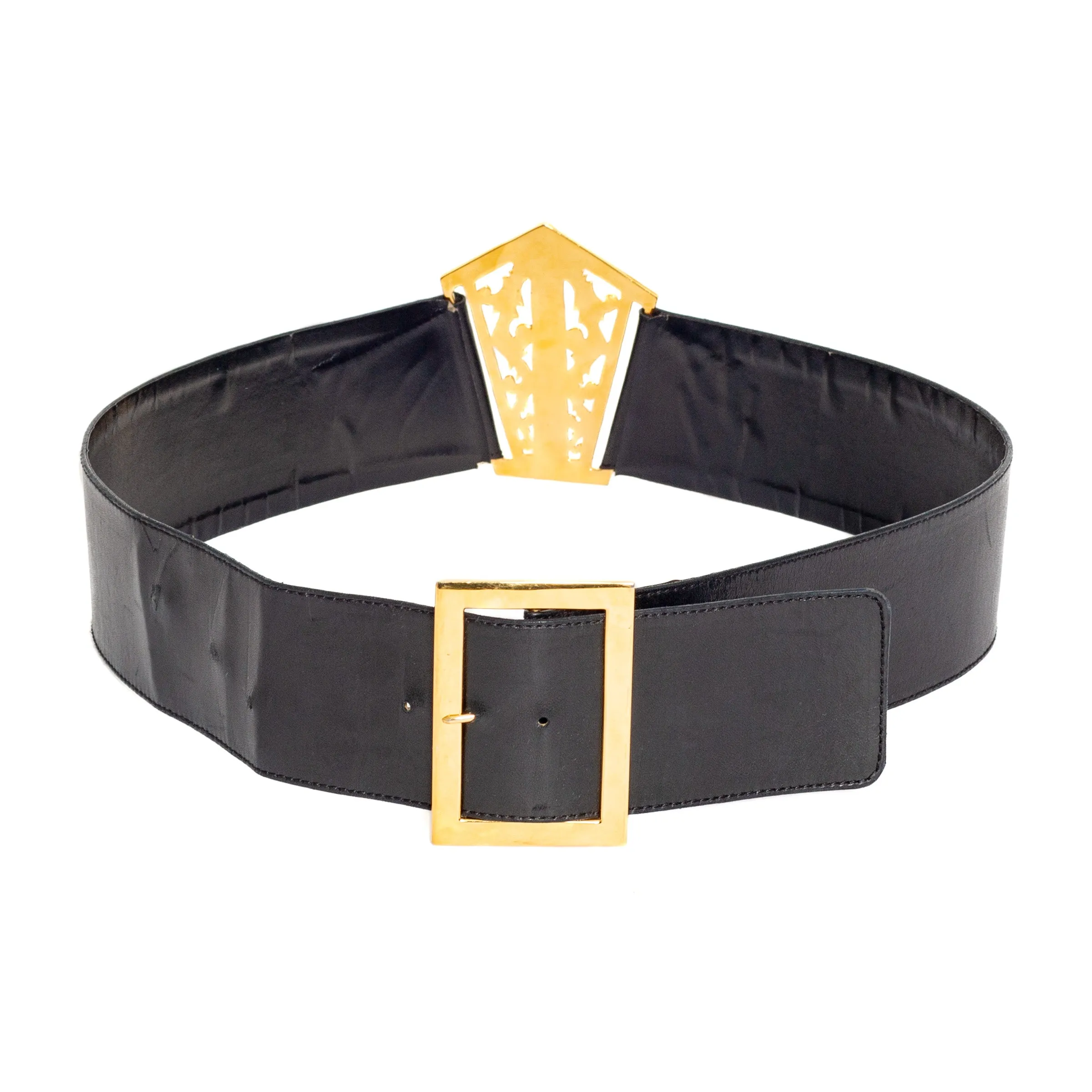 1990s Black Leather 24k Gold-Plated Filigree Belt