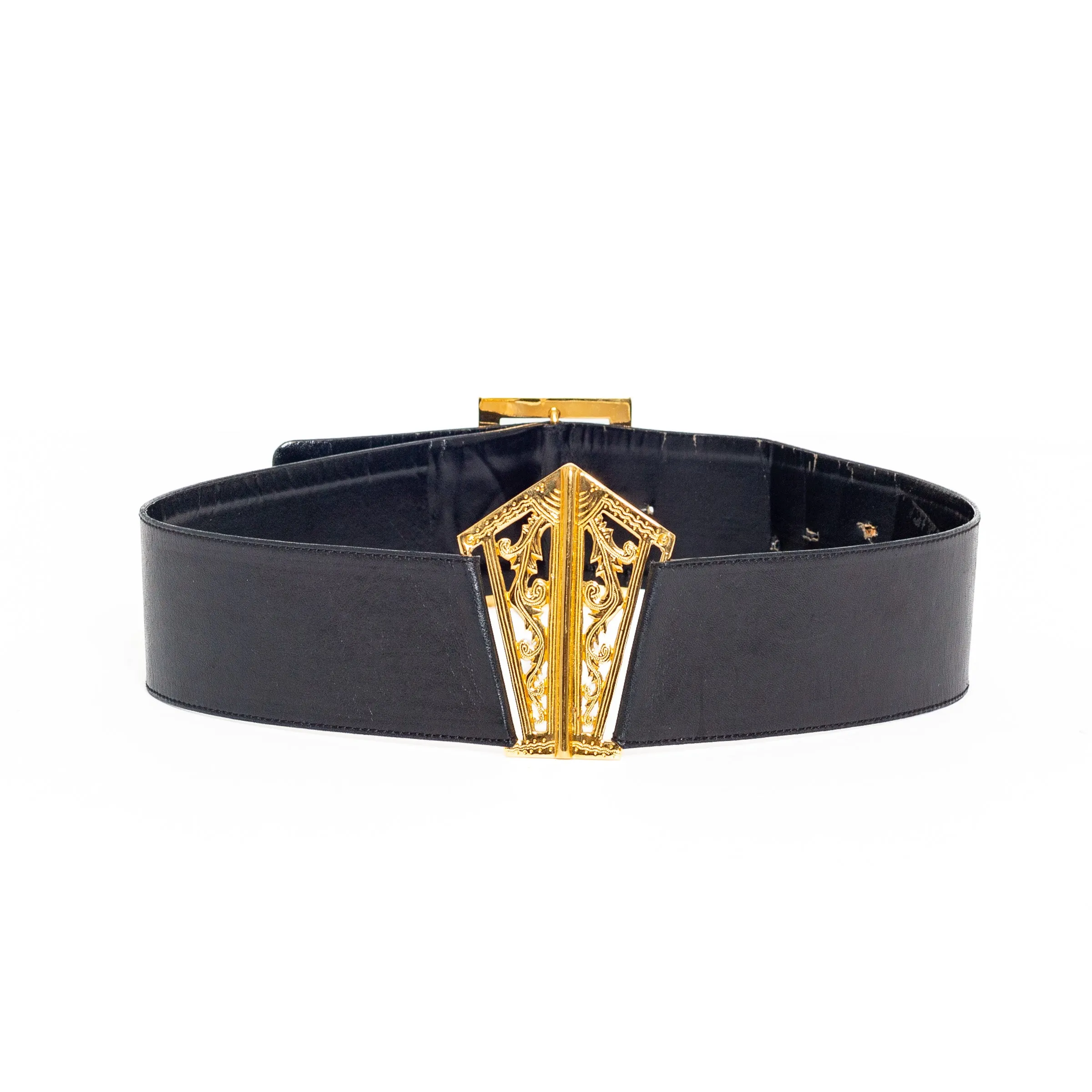 1990s Black Leather 24k Gold-Plated Filigree Belt