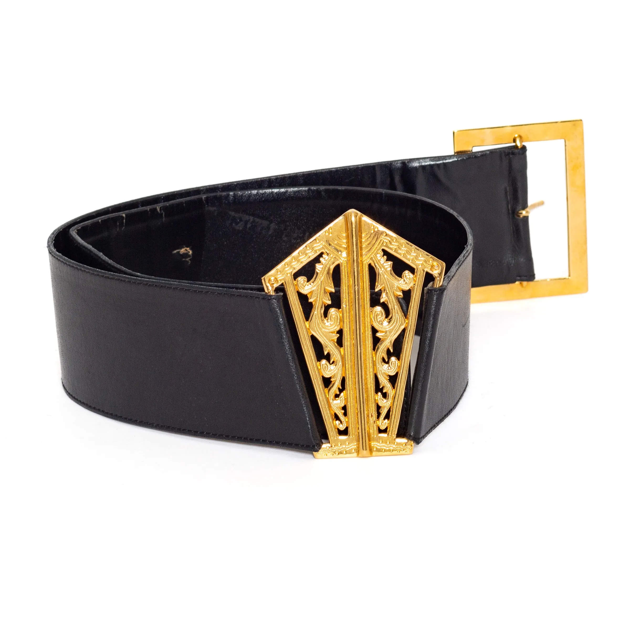 1990s Black Leather 24k Gold-Plated Filigree Belt