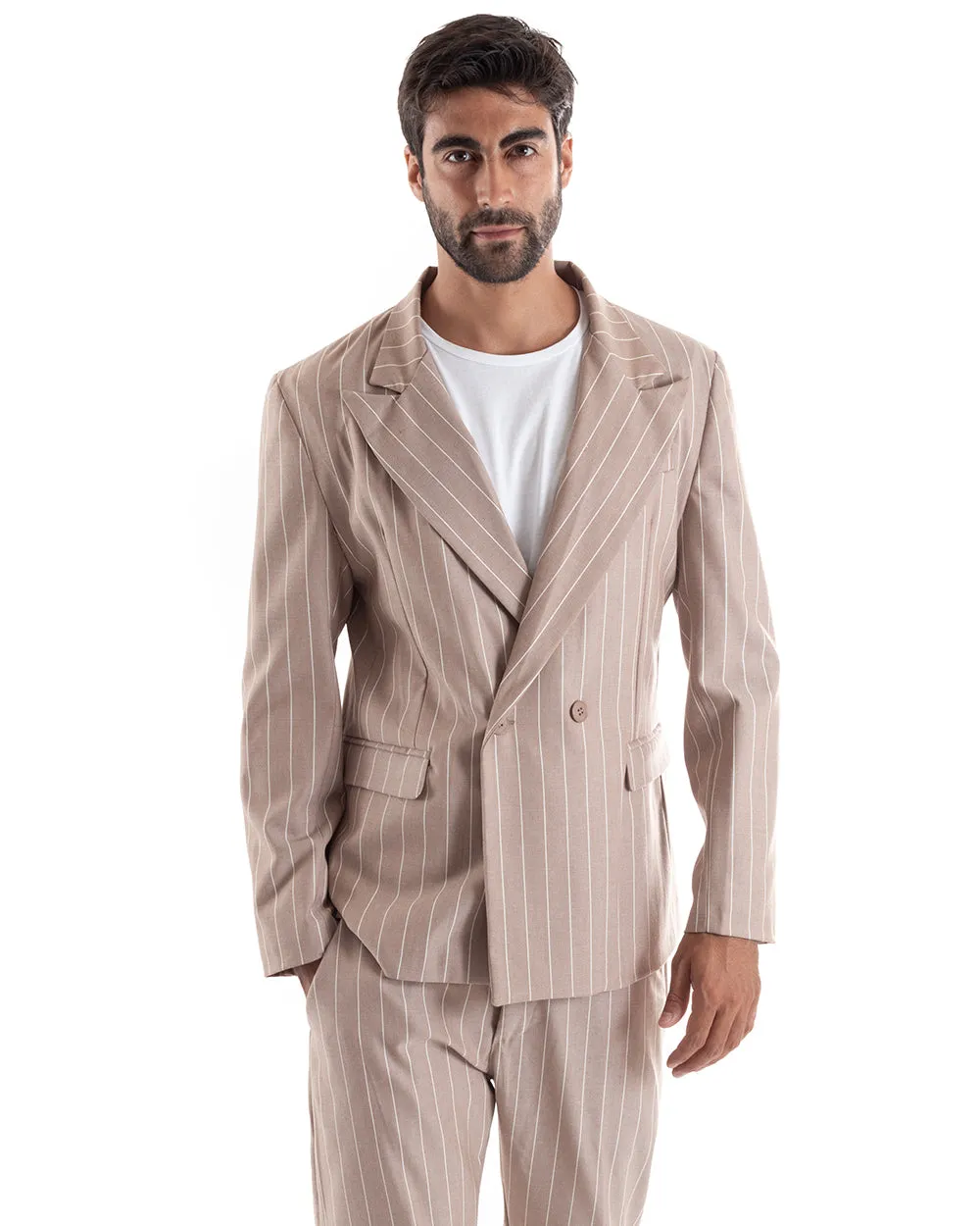 Abito Uomo Doppiopetto Vestito Viscosa Completo Giacca Pantaloni Camel Elegante Cerimonia GIOSAL-OU2155A