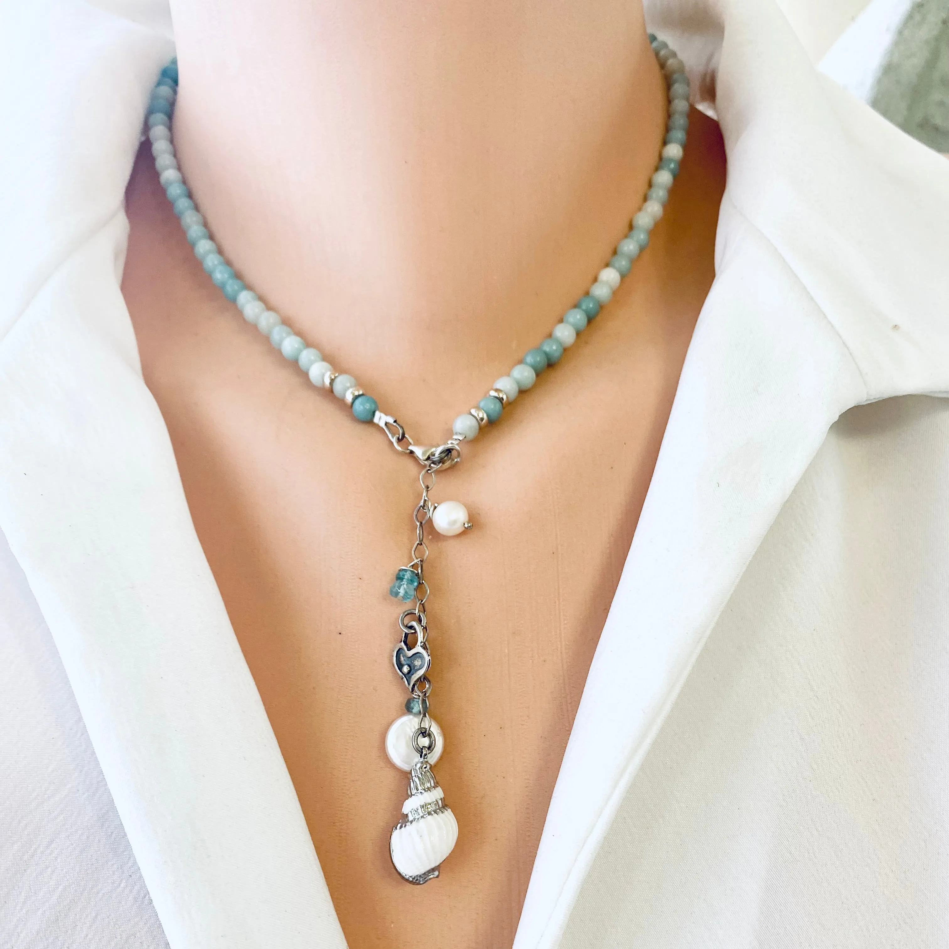 Amazonite Beaded Necklace, Real Sea Shell & Pearl Pendant, Sterling Silver, 16inches