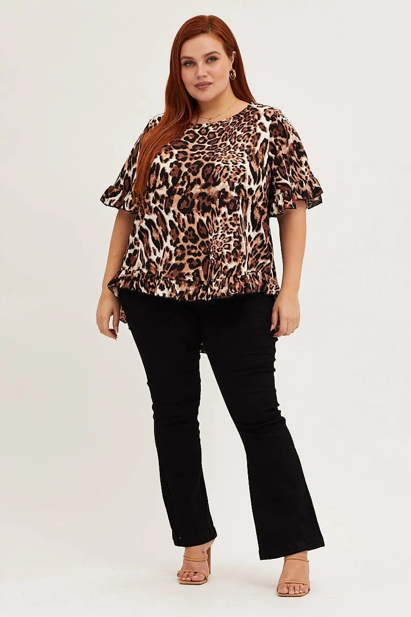 Animal Print Top Round Neck Frill Detail Sleeve