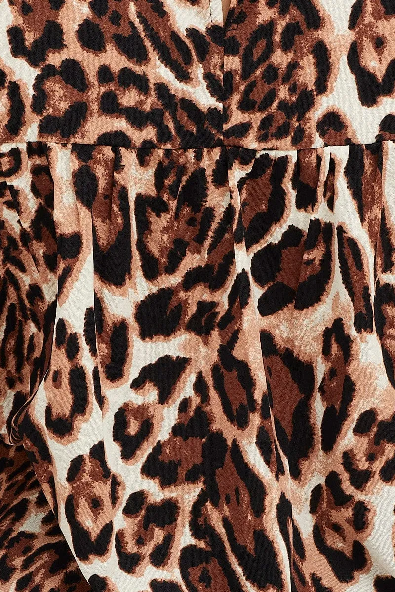 Animal Print Top Round Neck Frill Detail Sleeve