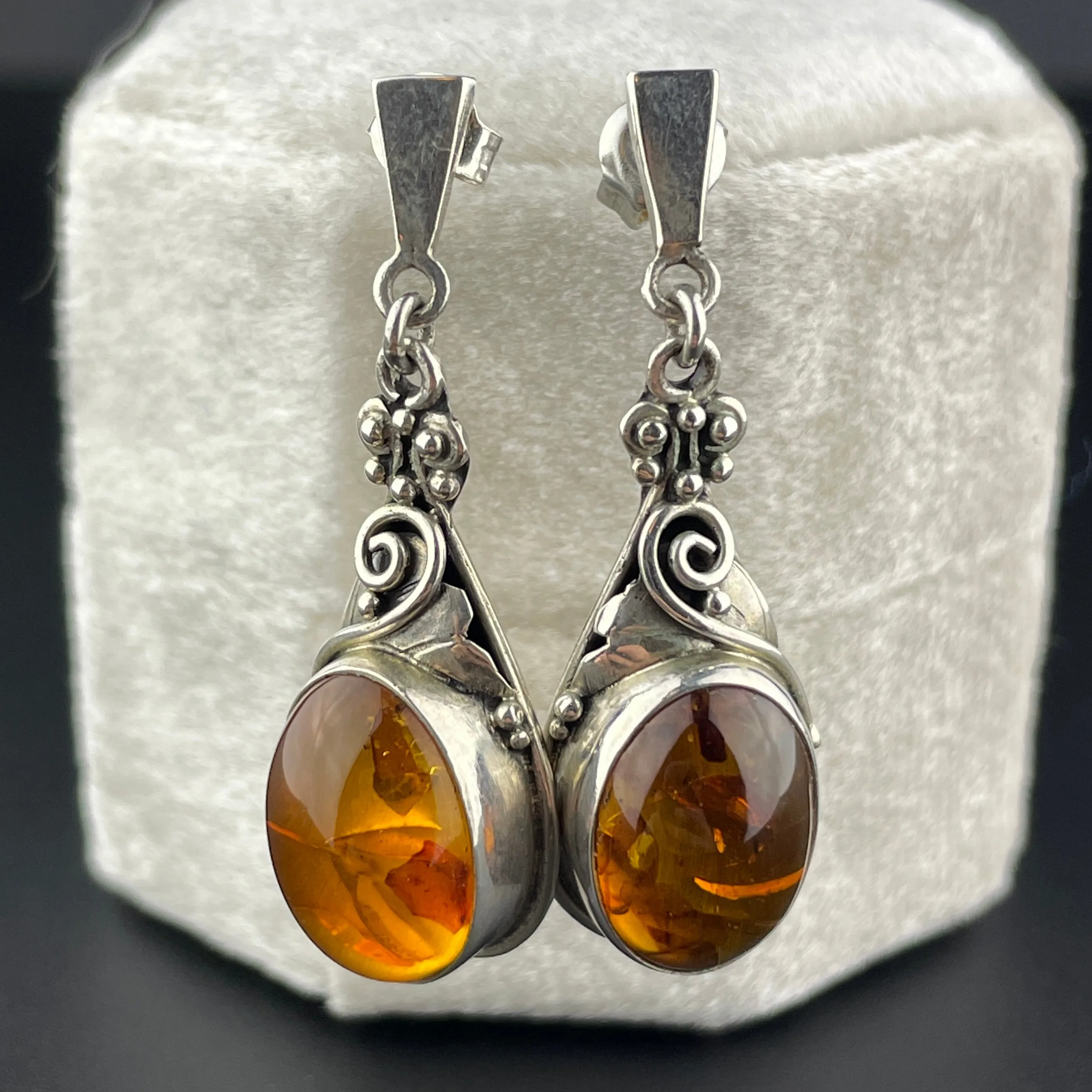 Arts and Crafts Style Silver Baltic Amber Earrings