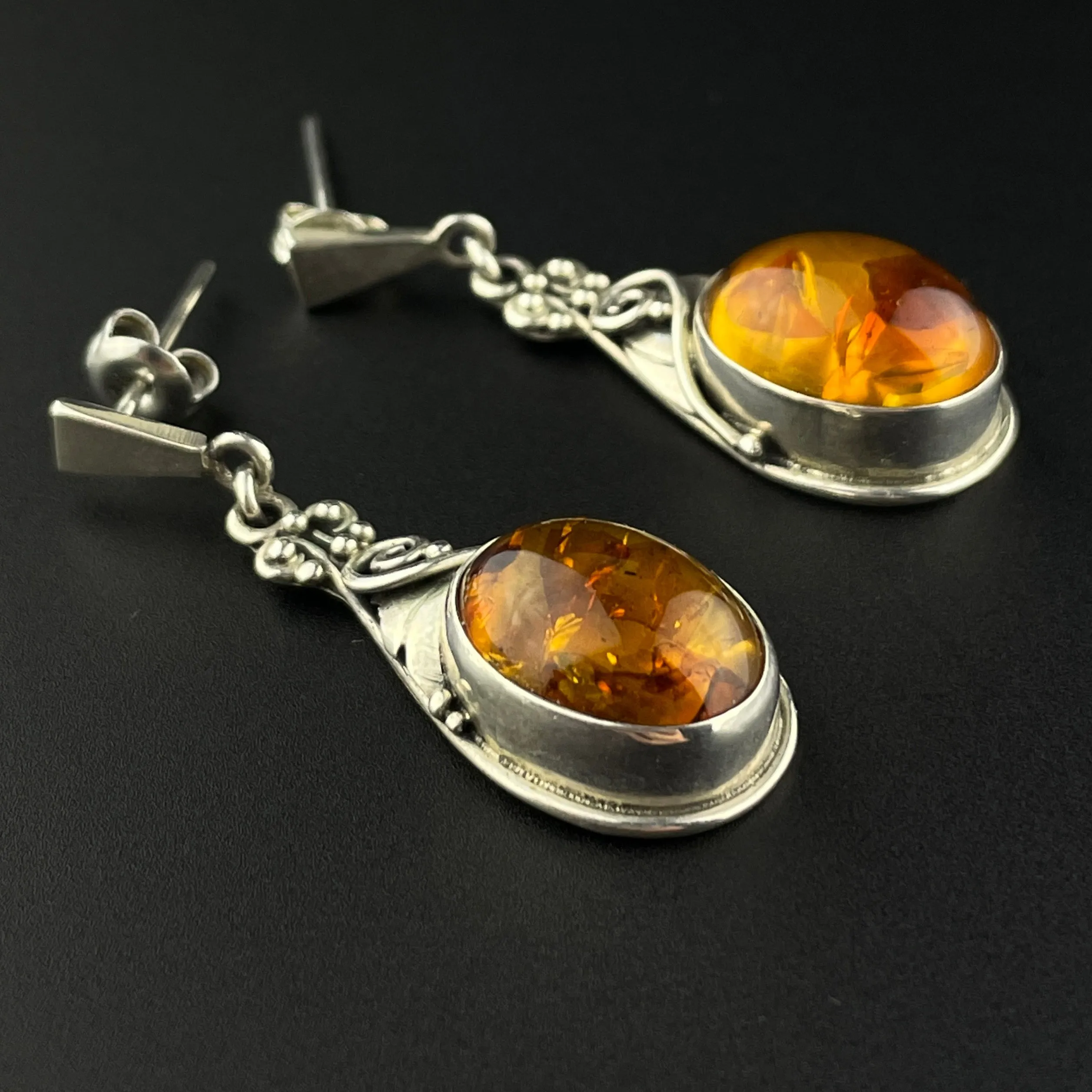 Arts and Crafts Style Silver Baltic Amber Earrings