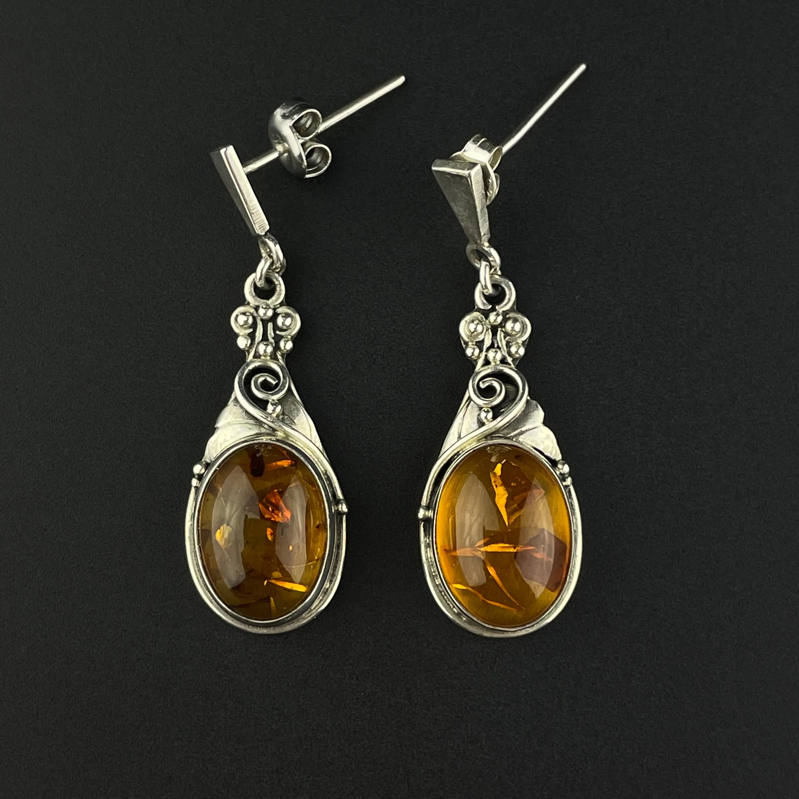 Arts and Crafts Style Silver Baltic Amber Earrings