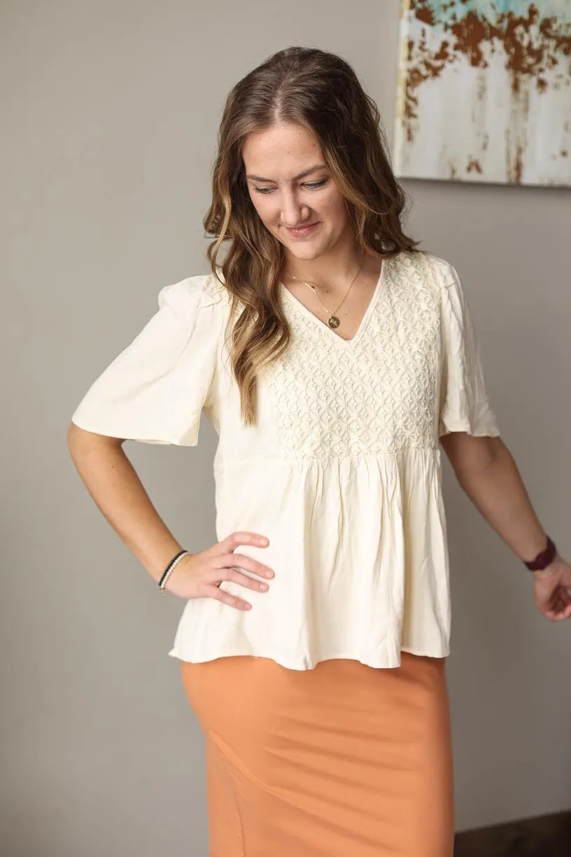 Beige Boho Look V-Neck Crochet Detail Top • M