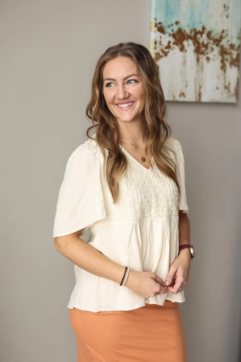 Beige Boho Look V-Neck Crochet Detail Top • M