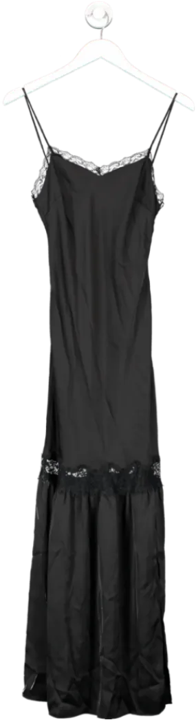 Black Lace Trimmed Satin Maxi Dress UK 6