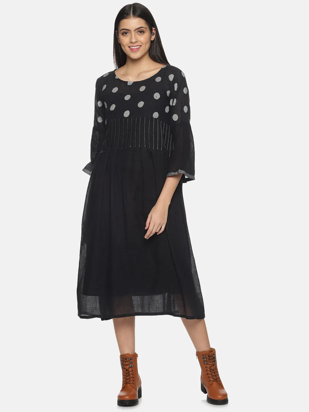 Black polkadot pintex Jamdani Dress