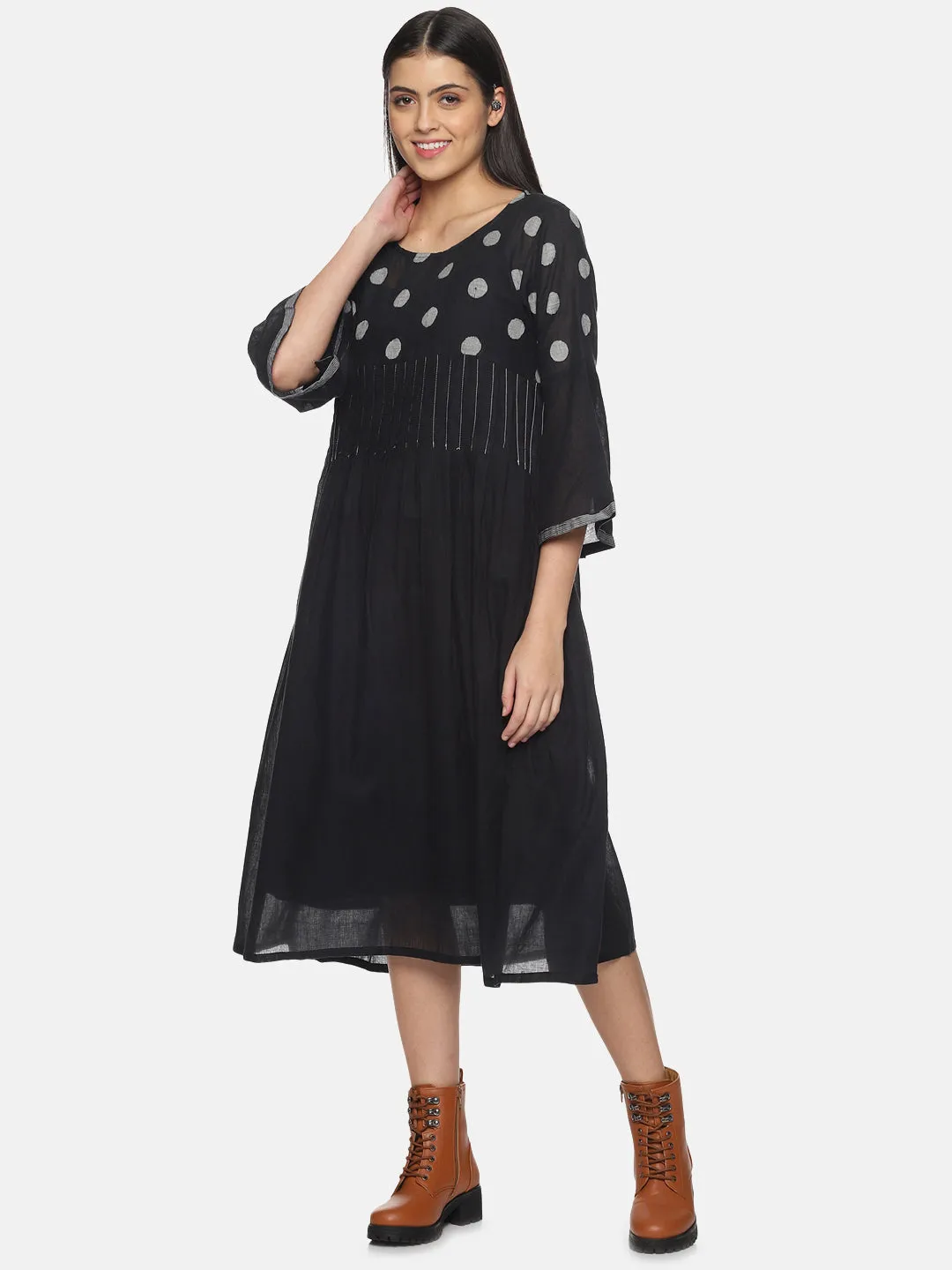 Black polkadot pintex Jamdani Dress