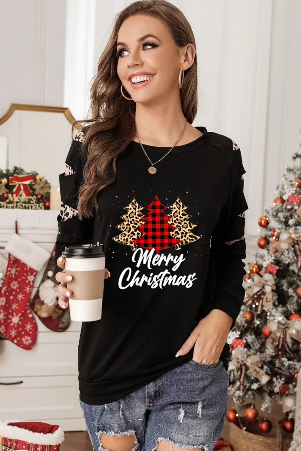 Black Sweatshirts for Women Crewneck Tops Long Sleeve Print Pullover Tops