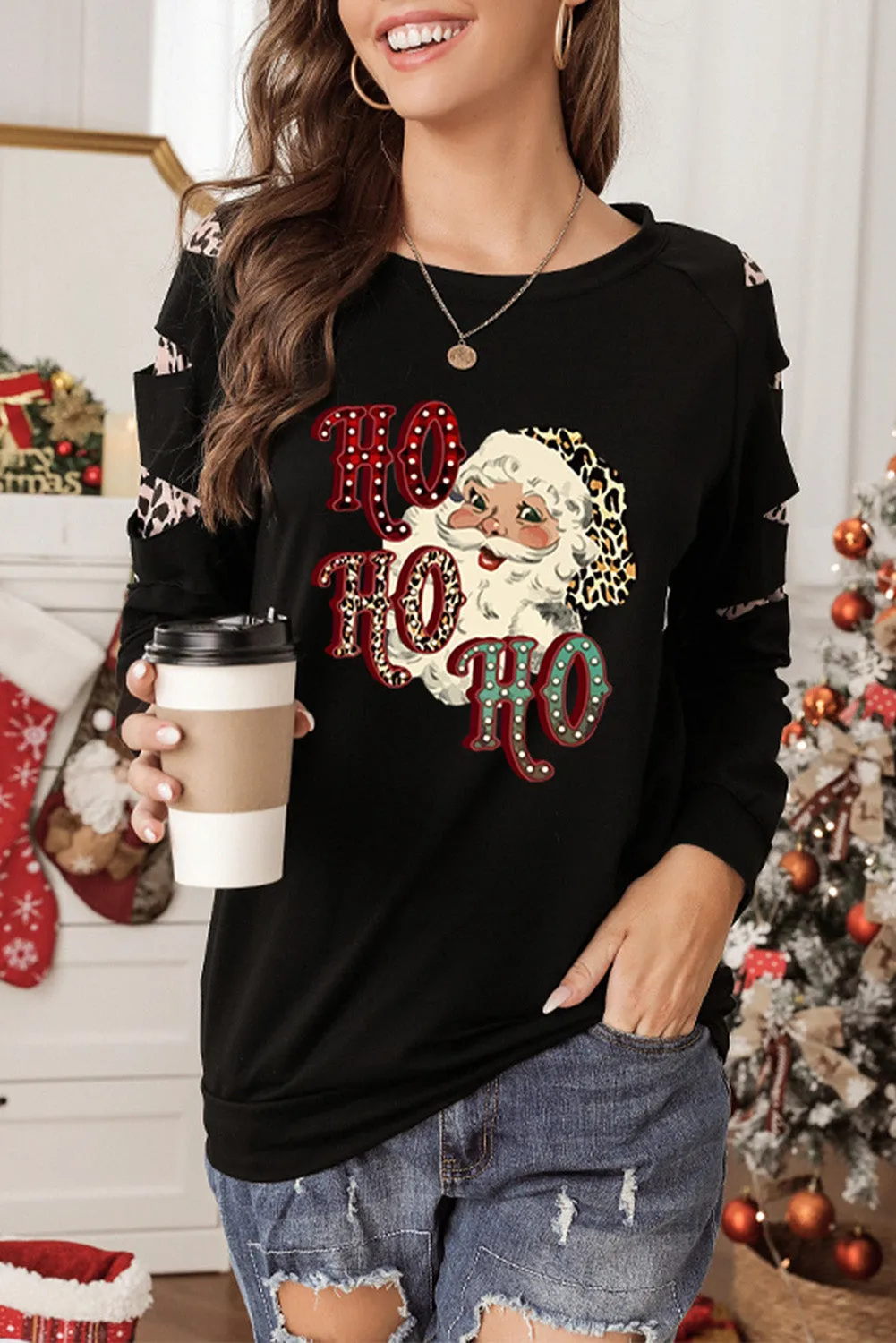 Black Sweatshirts for Women Crewneck Tops Long Sleeve Print Pullover Tops