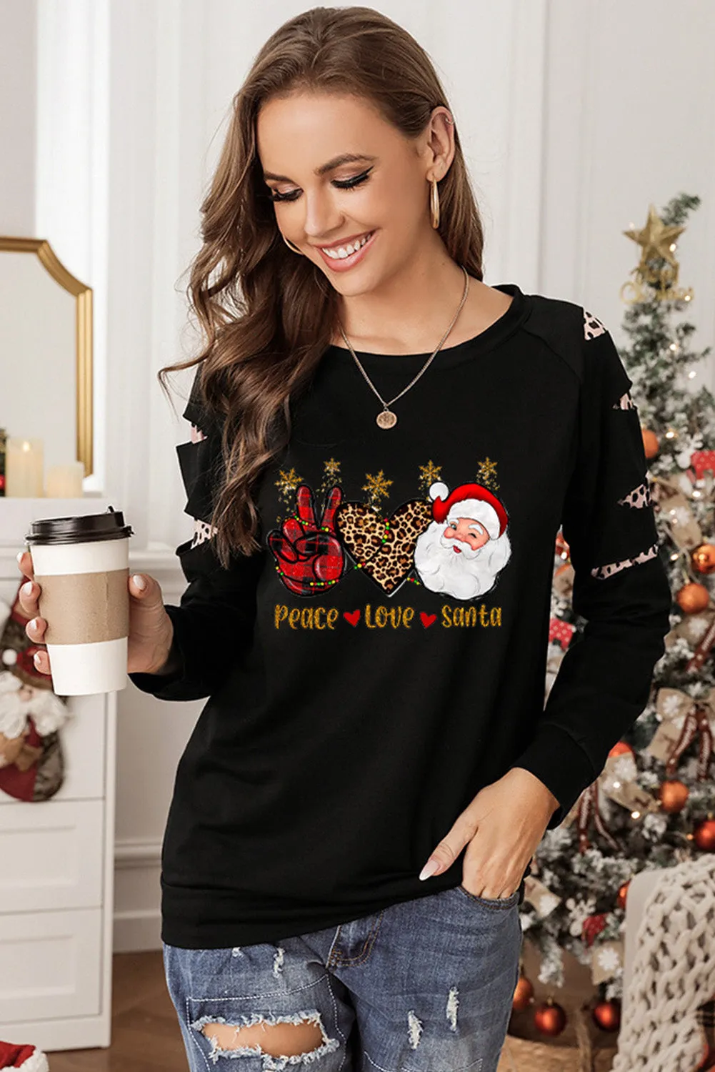 Black Sweatshirts for Women Crewneck Tops Long Sleeve Print Pullover Tops