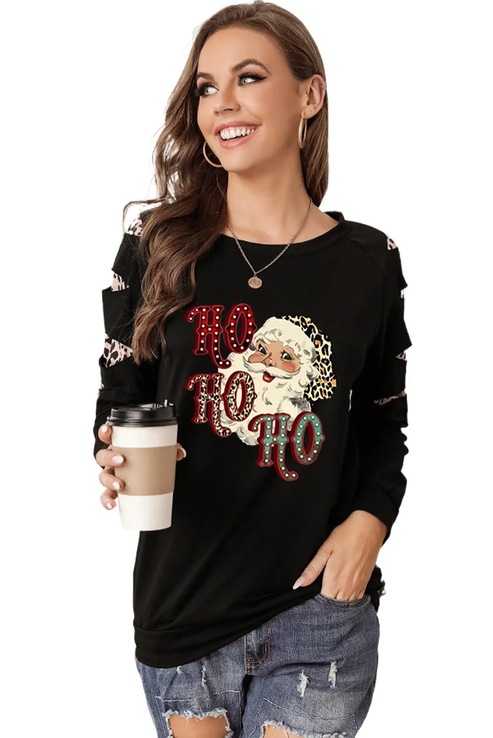 Black Sweatshirts for Women Crewneck Tops Long Sleeve Print Pullover Tops