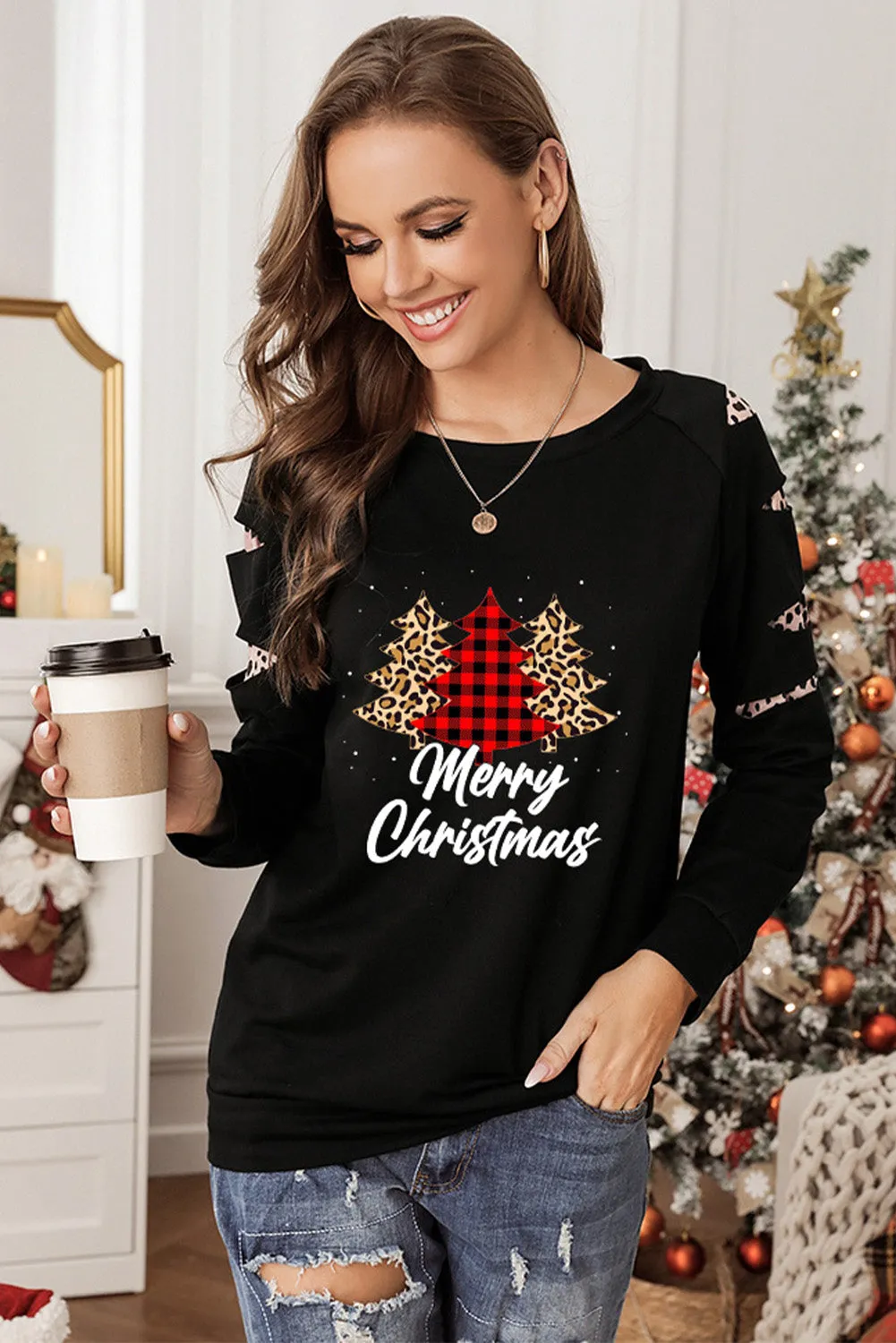 Black Sweatshirts for Women Crewneck Tops Long Sleeve Print Pullover Tops