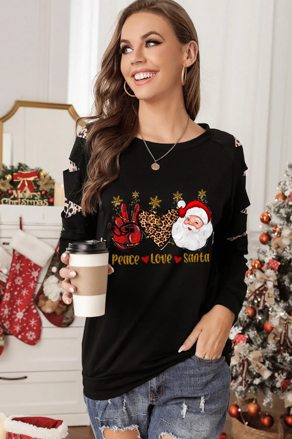 Black Sweatshirts for Women Crewneck Tops Long Sleeve Print Pullover Tops