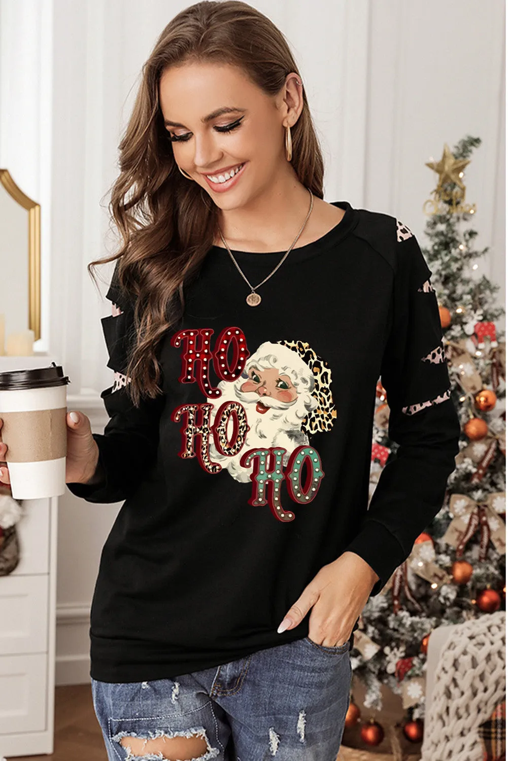 Black Sweatshirts for Women Crewneck Tops Long Sleeve Print Pullover Tops