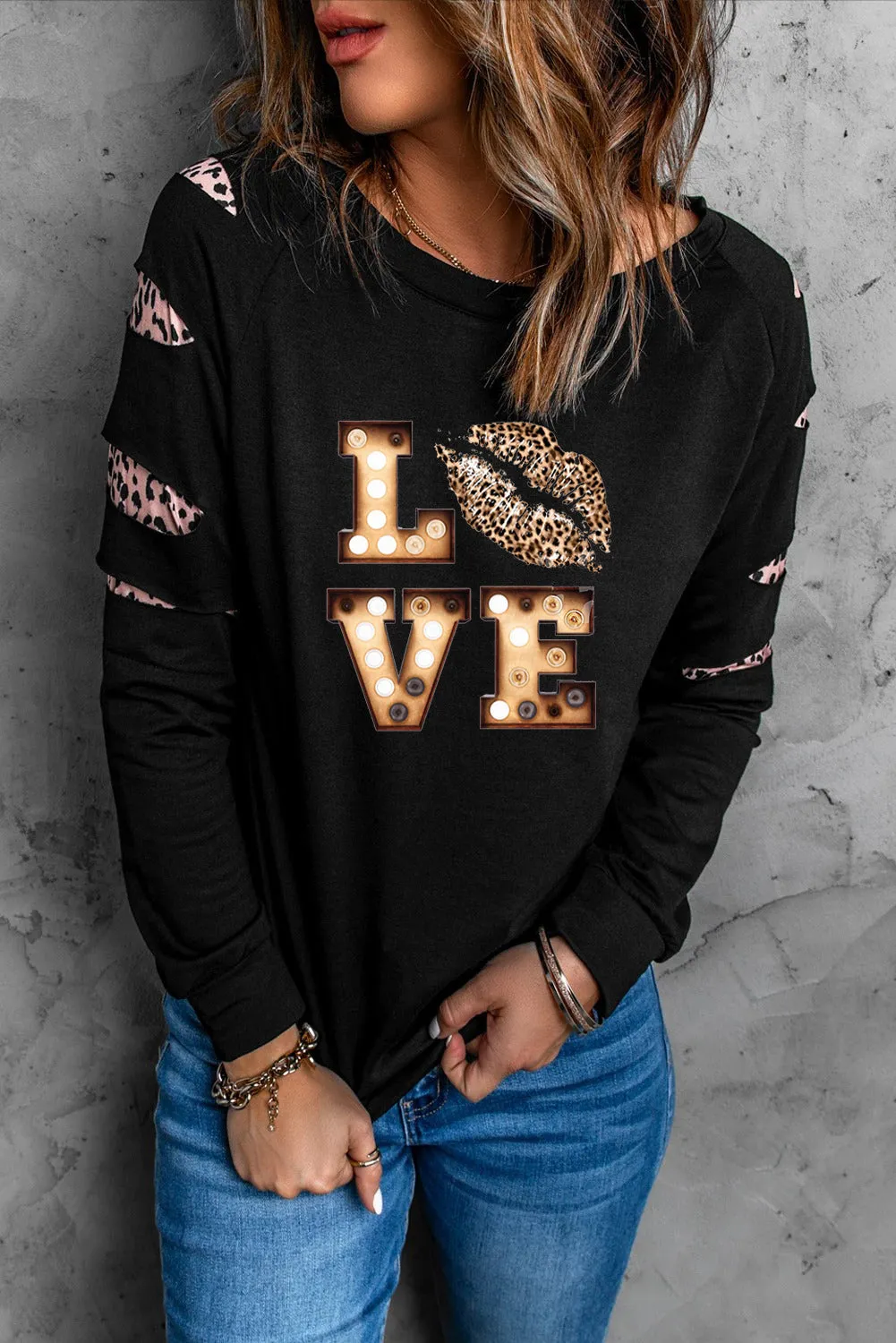 Black Sweatshirts for Women Crewneck Tops Long Sleeve Print Pullover Tops