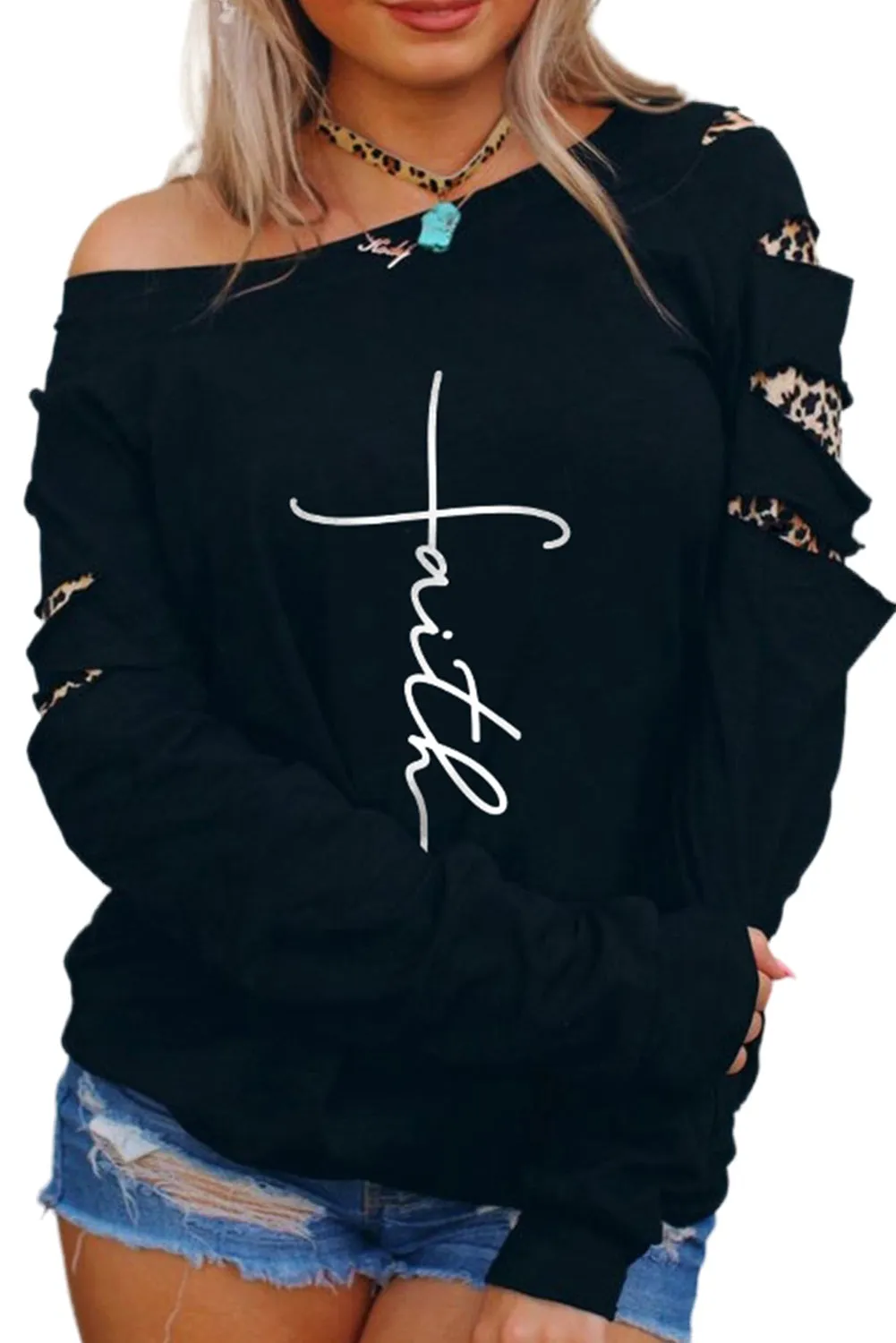 Black Sweatshirts for Women Crewneck Tops Long Sleeve Print Pullover Tops