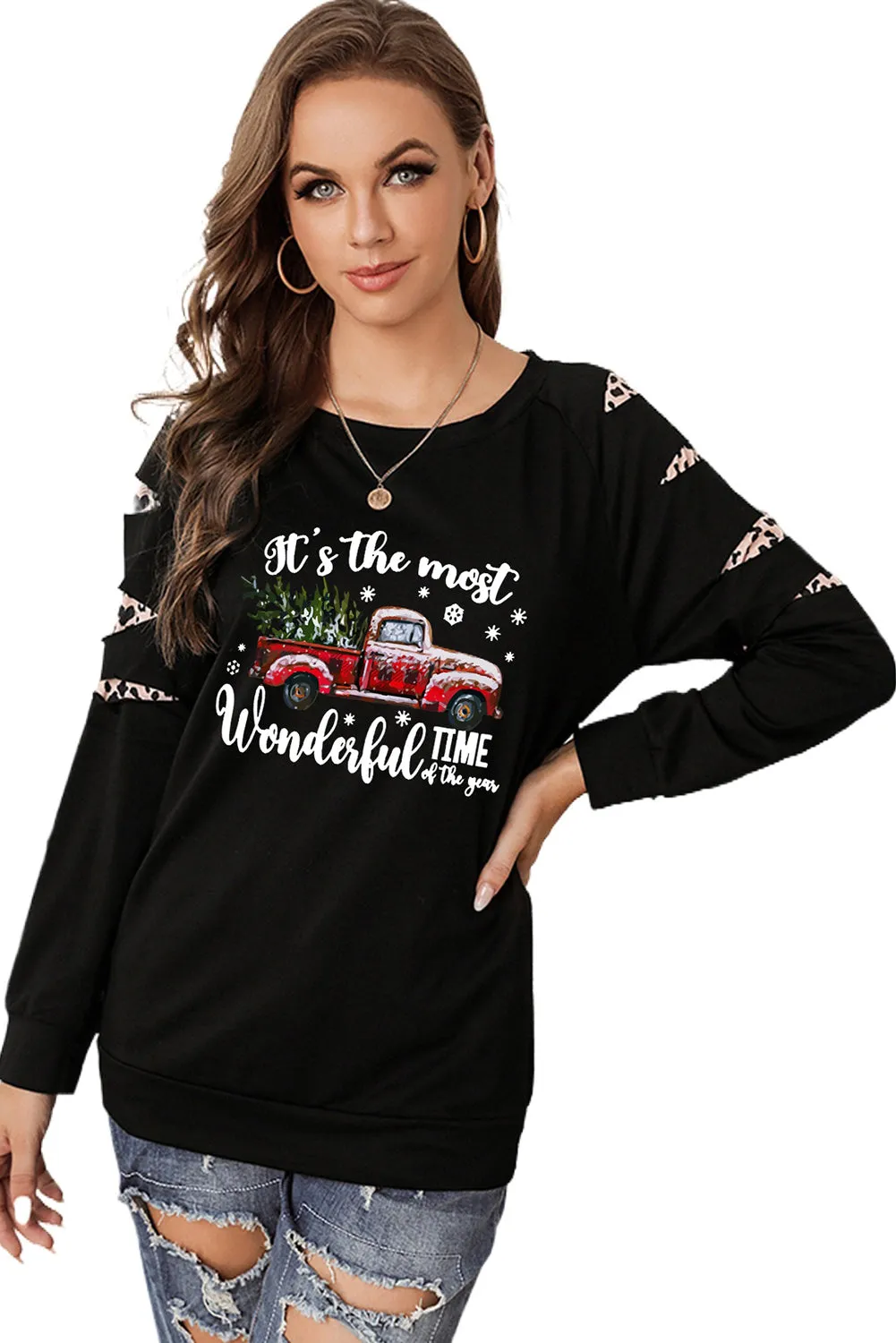 Black Sweatshirts for Women Crewneck Tops Long Sleeve Print Pullover Tops