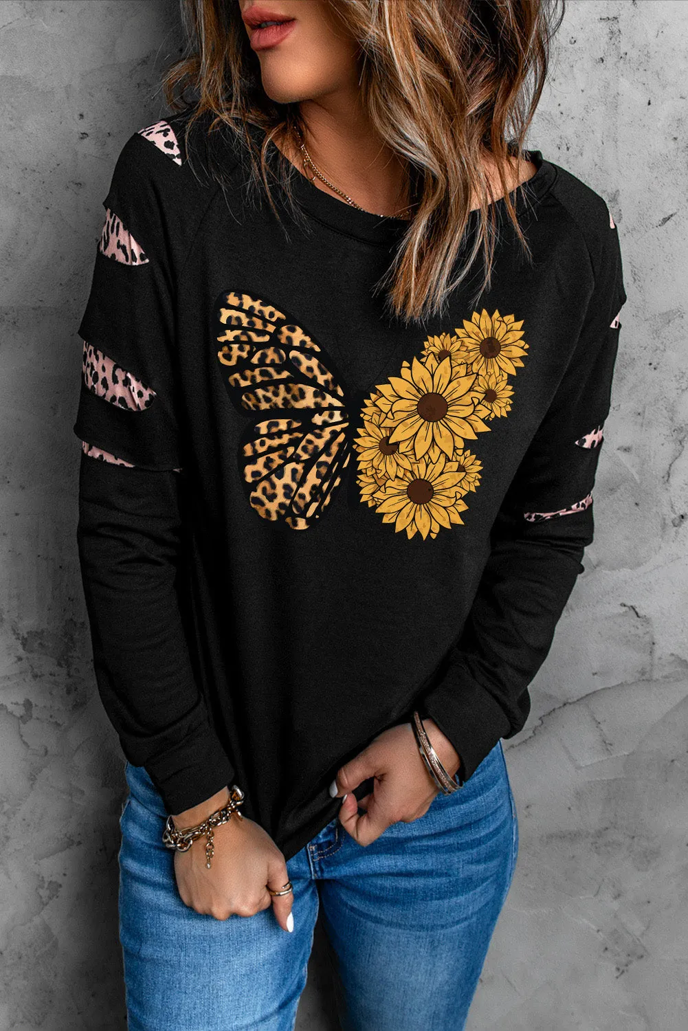 Black Sweatshirts for Women Crewneck Tops Long Sleeve Print Pullover Tops