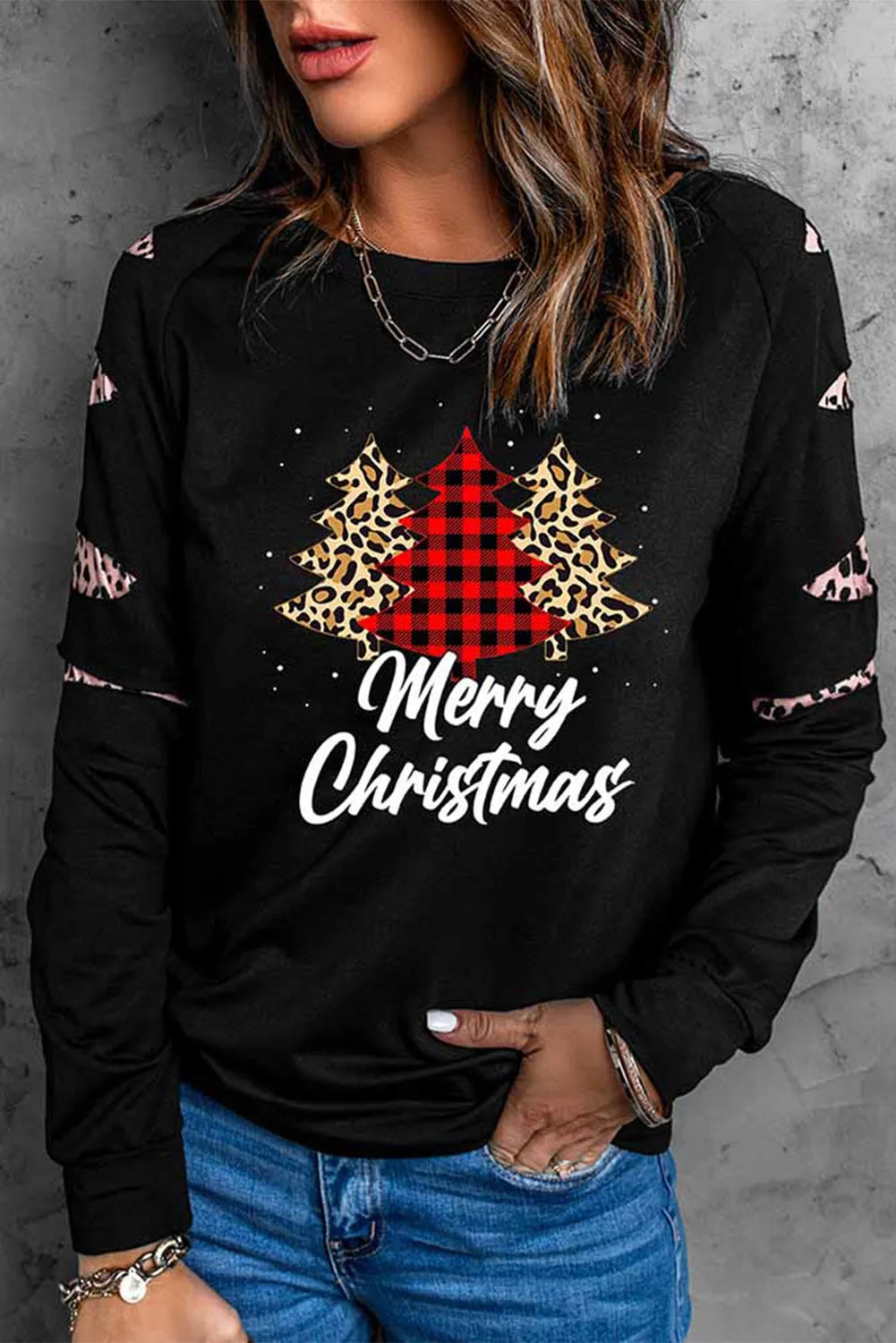 Black Sweatshirts for Women Crewneck Tops Long Sleeve Print Pullover Tops