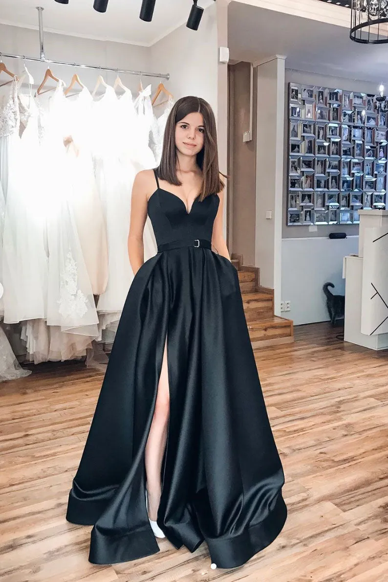 Black sweetheart satin long prom dress black evening dress