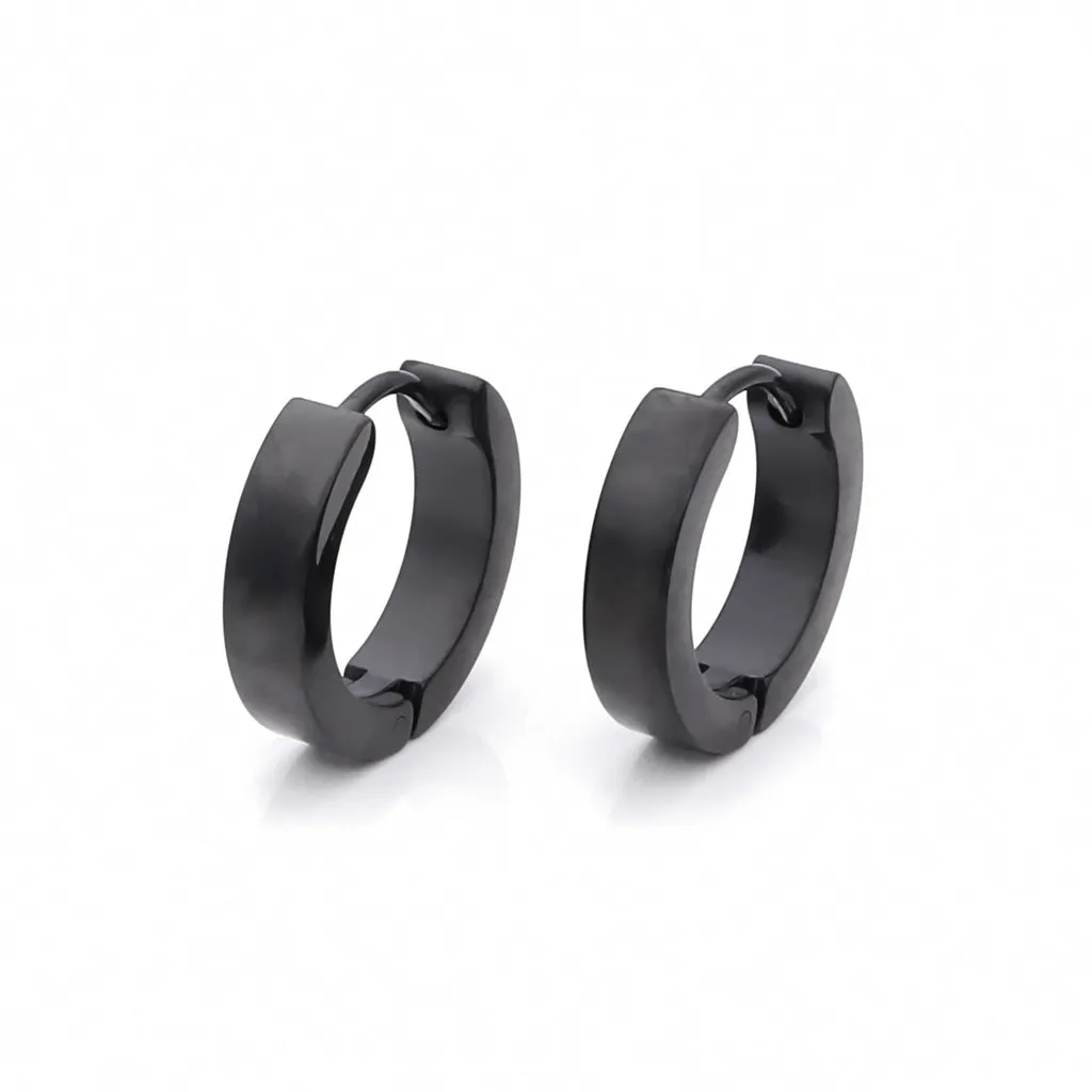 Black Titanium IP Stainless Steel Huggie Hoop Earrings - Large