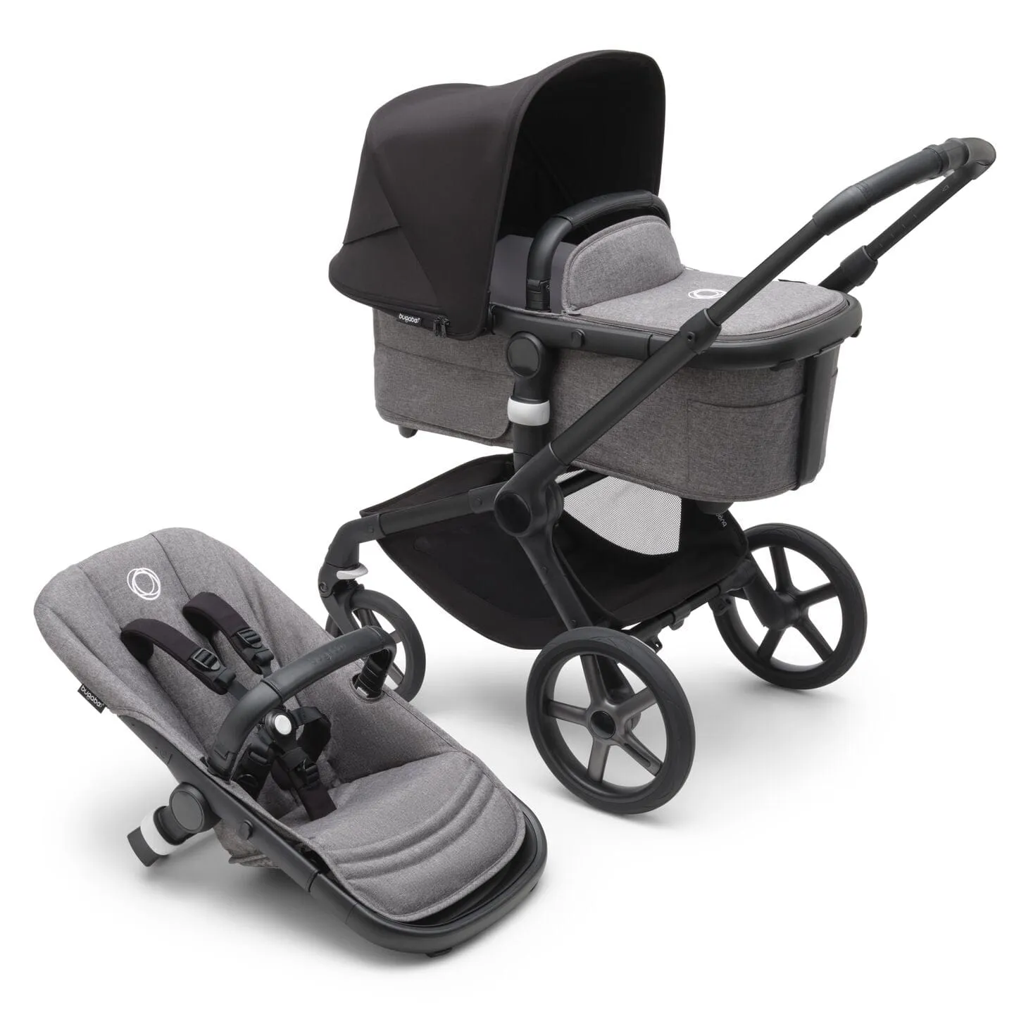 Bugaboo Fox 5, Nuna Turtle and Base Travel System - Black/Grey Melange/Midnight Black