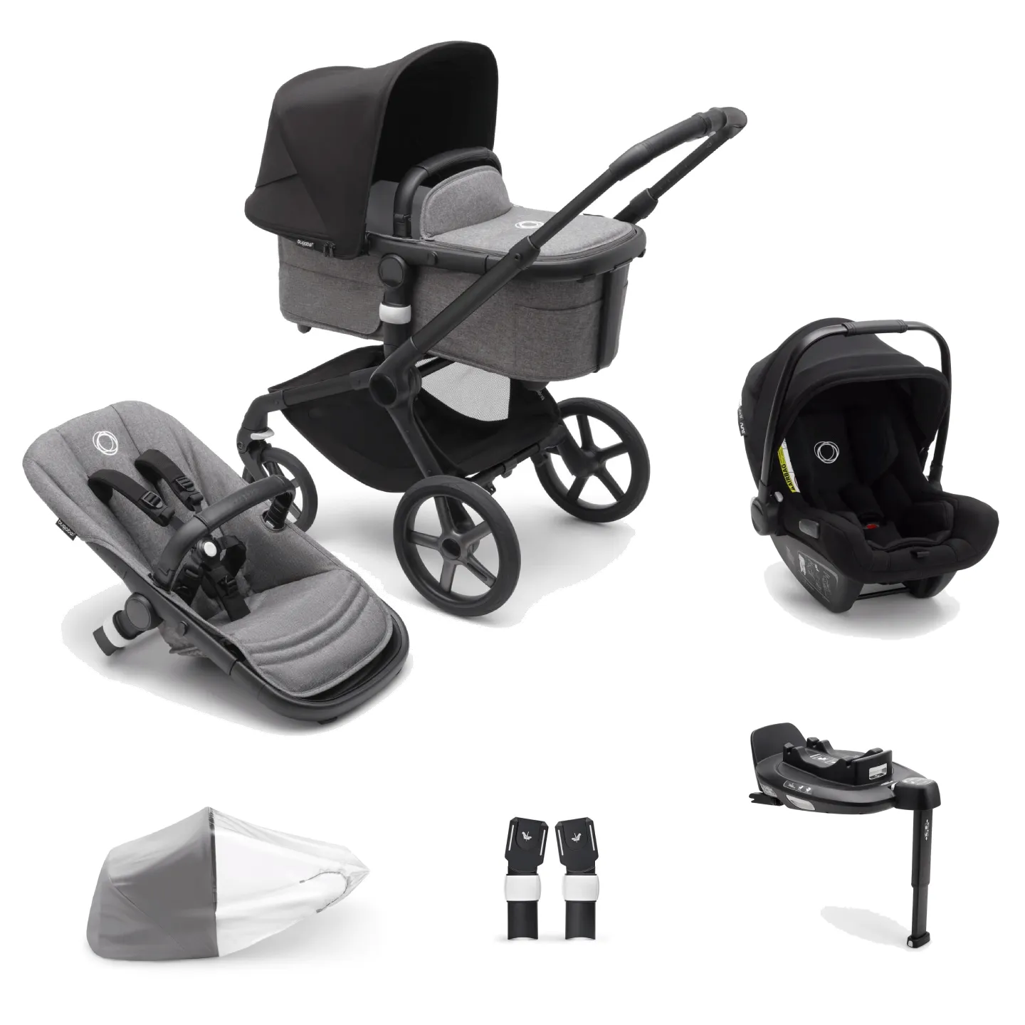 Bugaboo Fox 5, Nuna Turtle and Base Travel System - Black/Grey Melange/Midnight Black