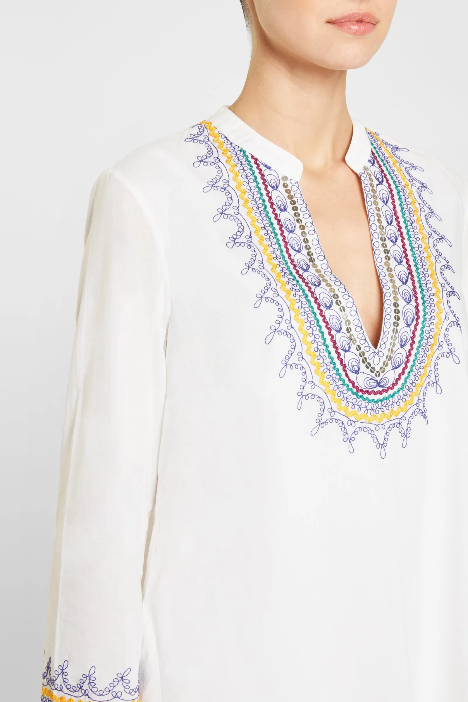 Charlotte Franco'S Caftan White Blue Emb