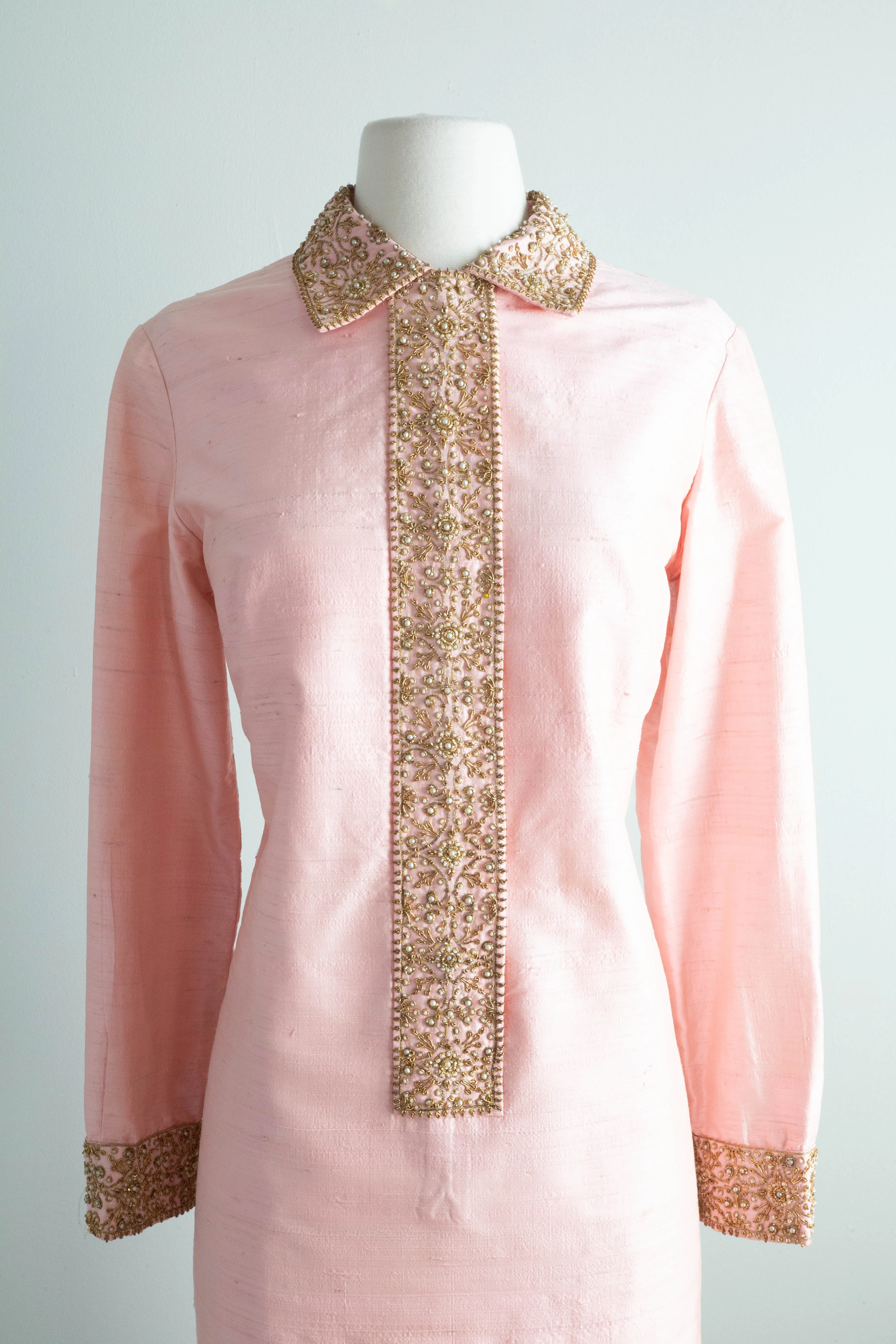 Chic 1960's Indian Silk Beaded Shift Dress In Pink / ML