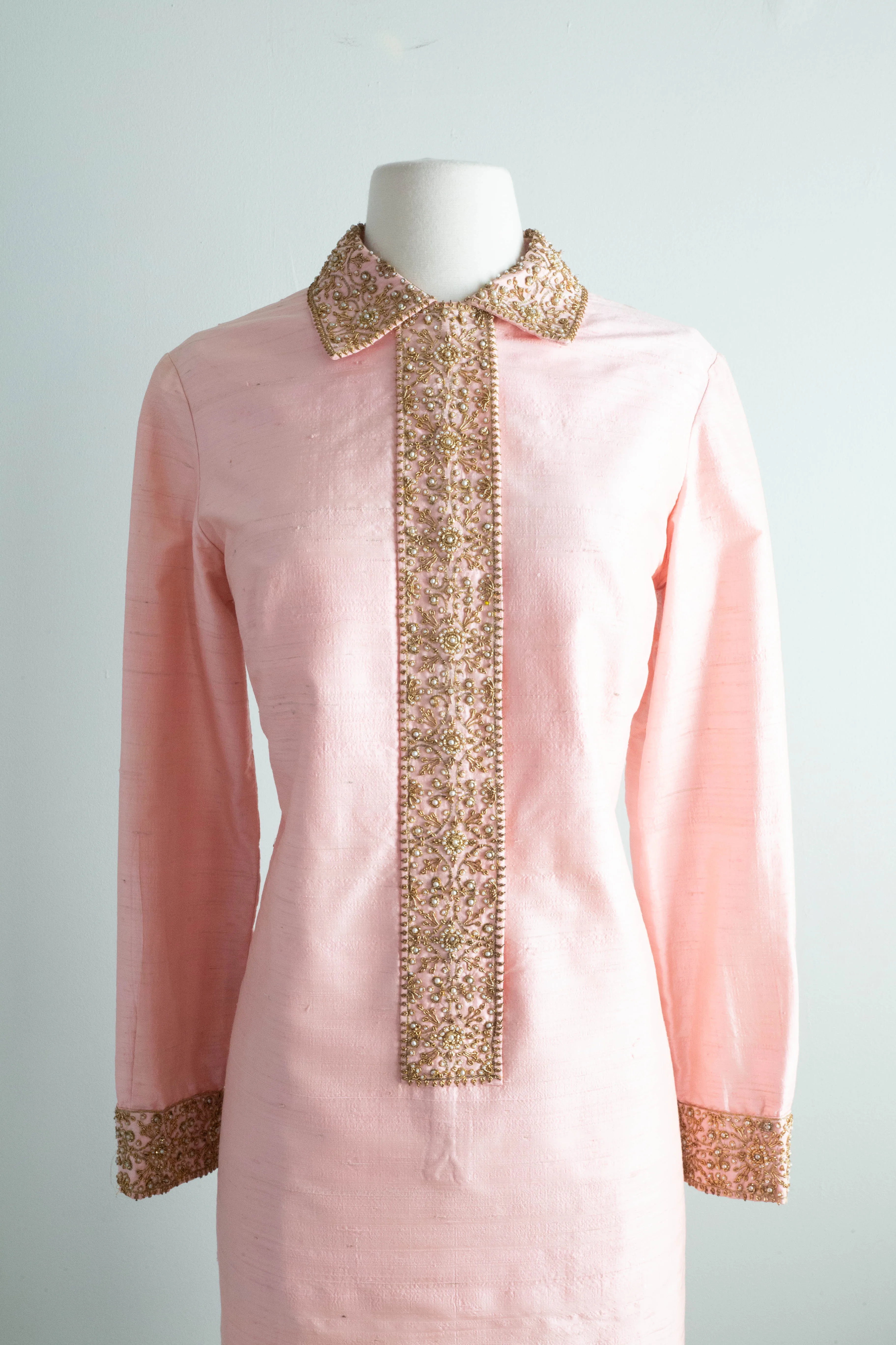 Chic 1960's Indian Silk Beaded Shift Dress In Pink / ML