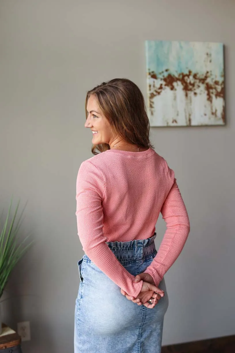 Coral Textured Long Sleeve Henley Top • XXS-S