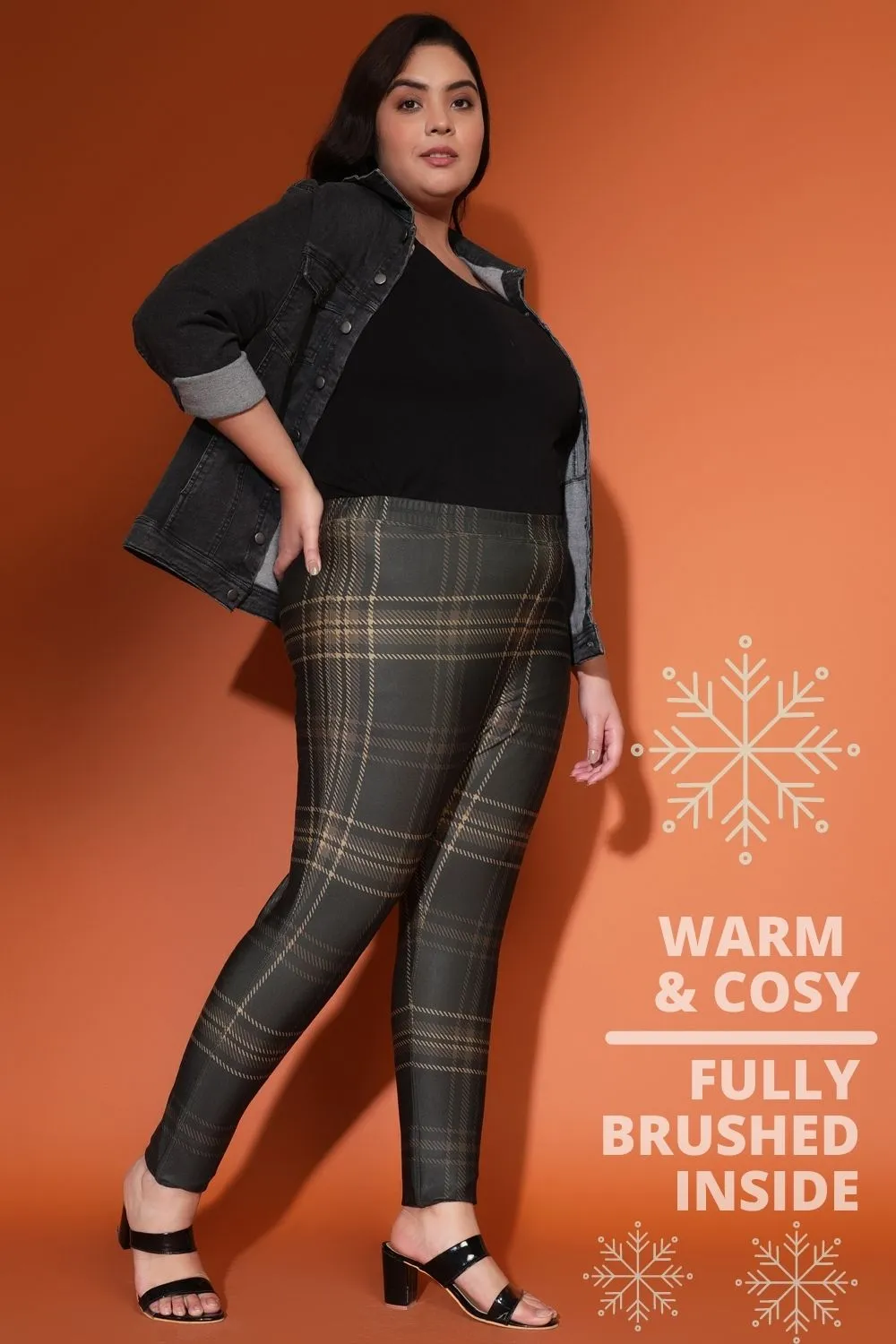 Dark Tan Check Warm Winter Fleece Leggings