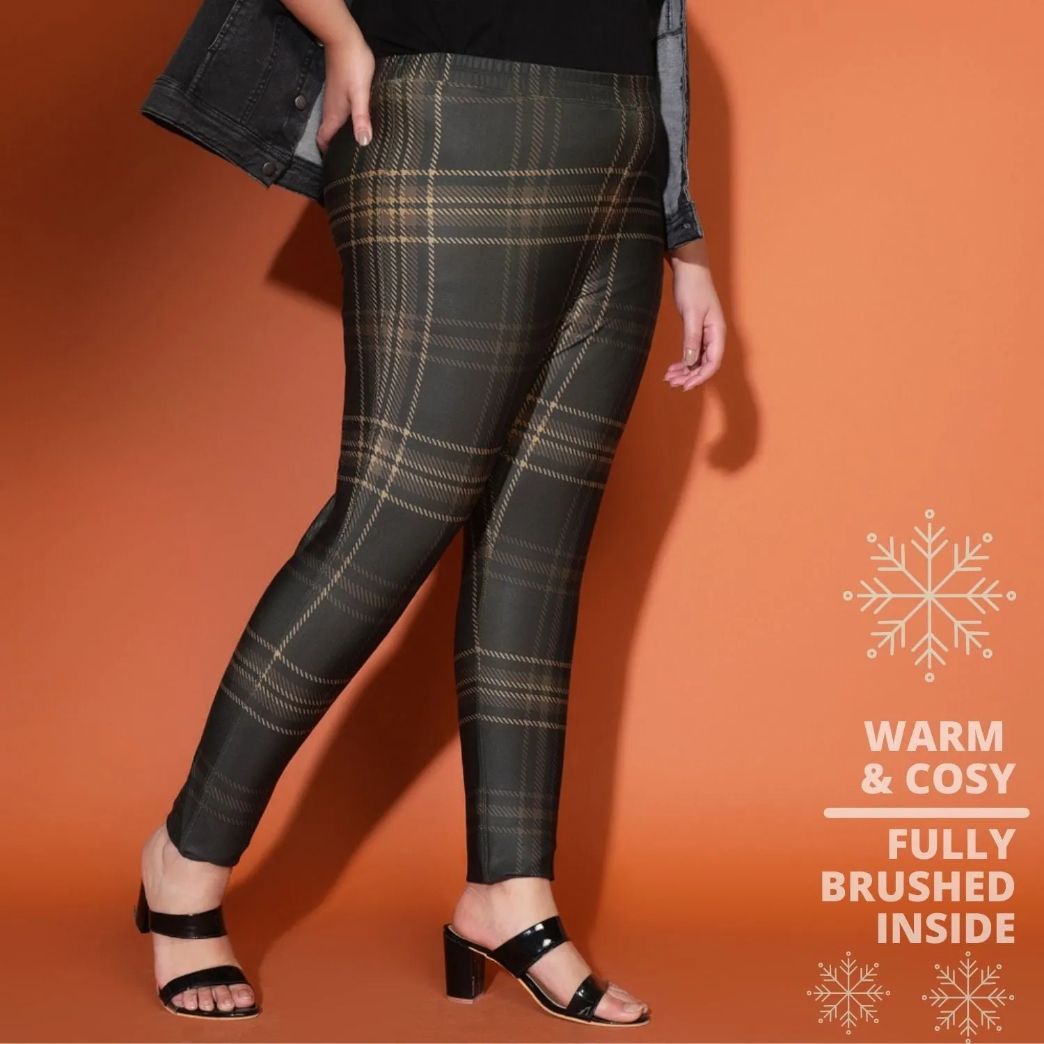 Dark Tan Check Warm Winter Fleece Leggings