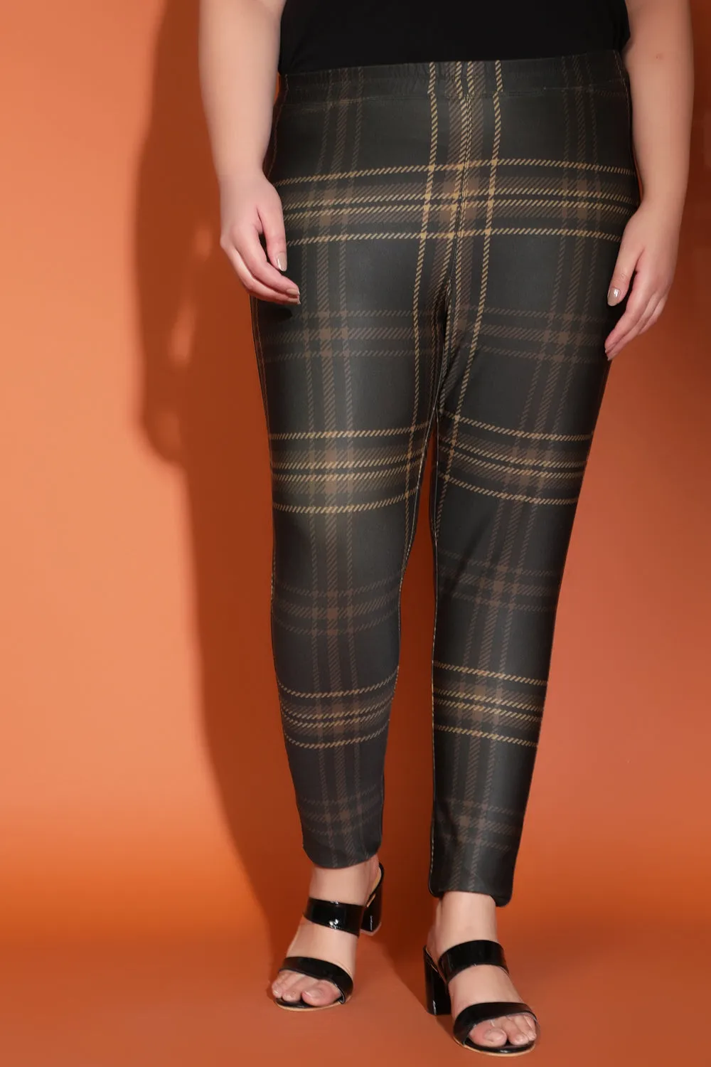 Dark Tan Check Warm Winter Fleece Leggings