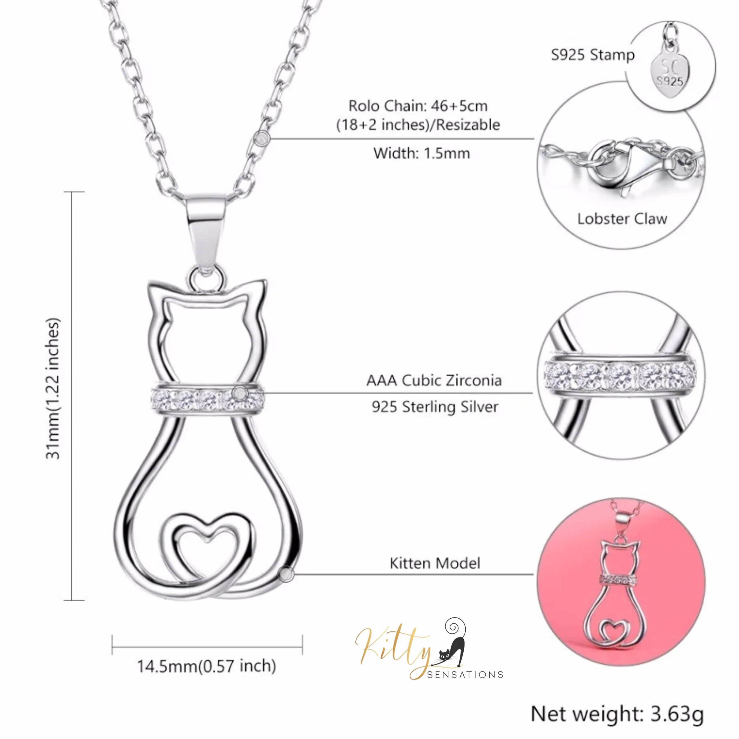 Doodle Cat with CZ Collar Necklace in Solid 925 Sterling Silver (18K Gold Plated)