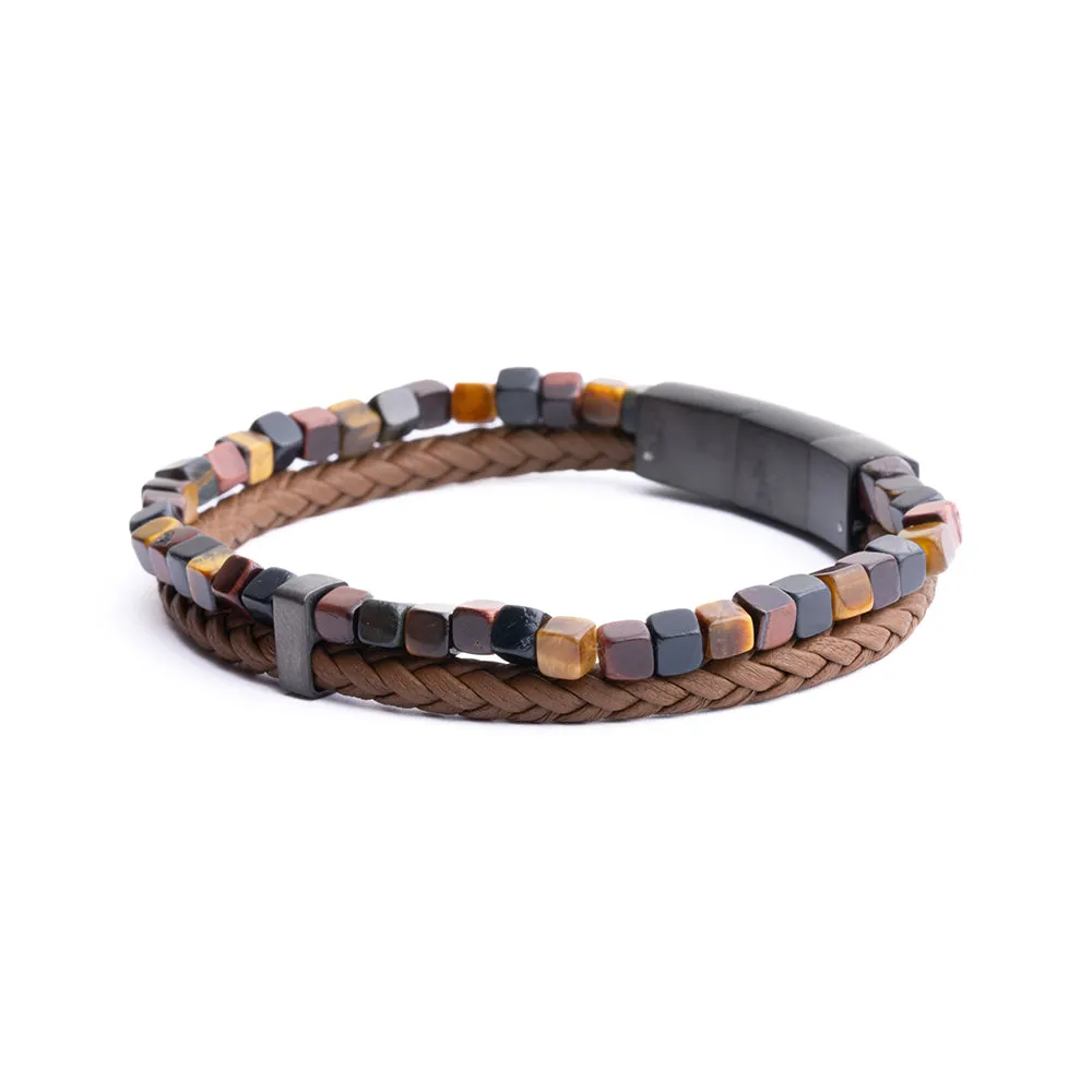 Double bracelet with brown Italian leather and 3 shades of Tiger Eye stone