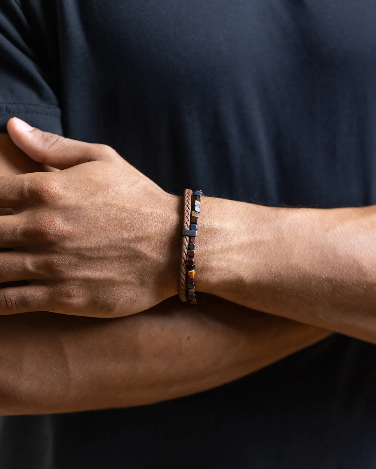 Double bracelet with brown Italian leather and 3 shades of Tiger Eye stone