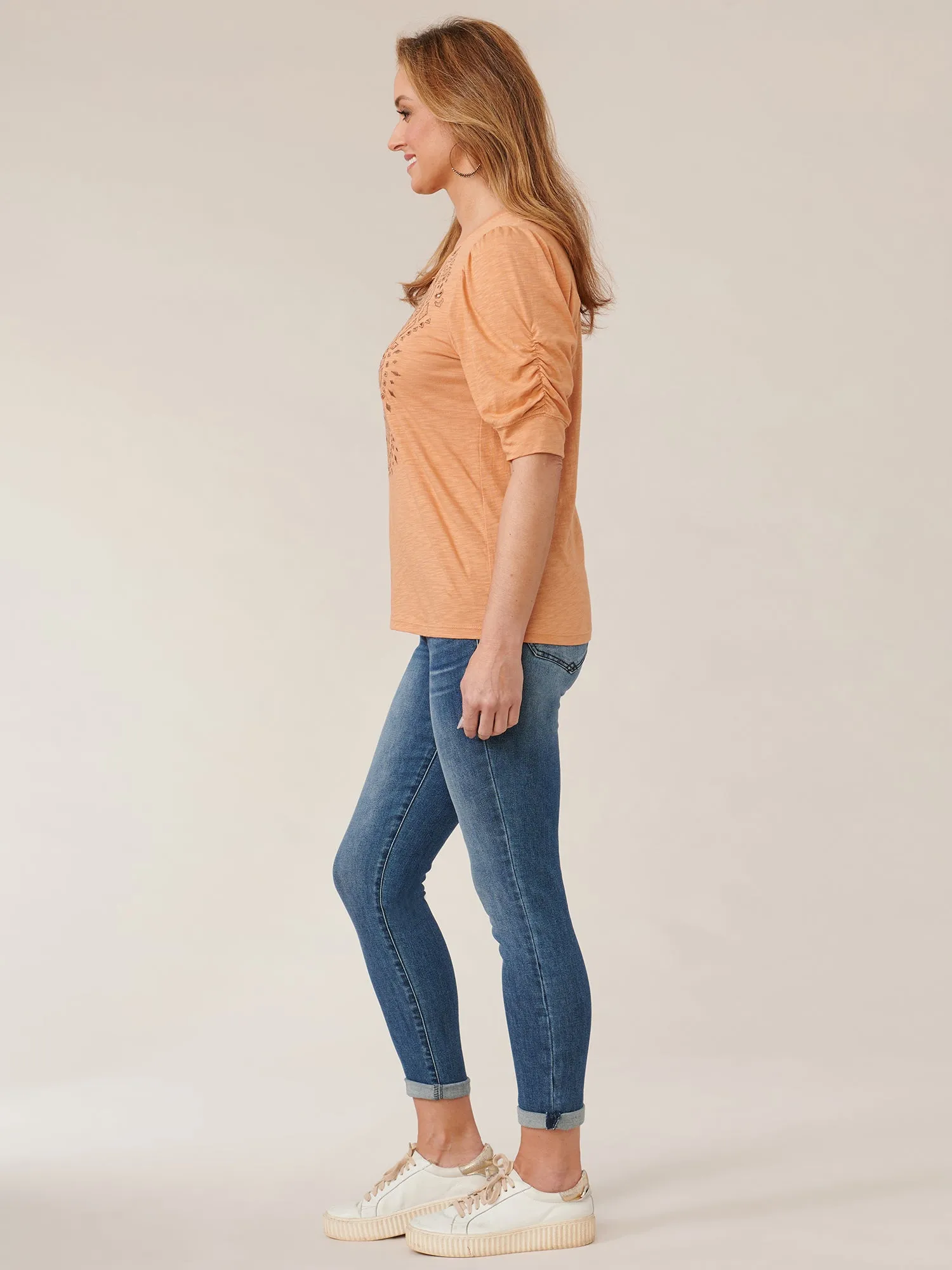 Elbow Puff Sleeve Scoopneck Die Cut Petite Knit Top