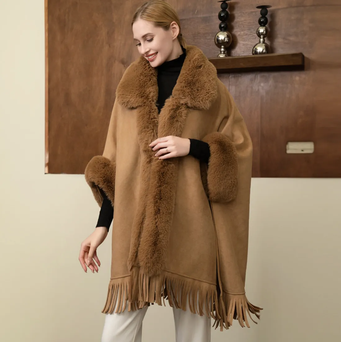 Faux Fur Trimmed Solid Fringe Ruana Poncho