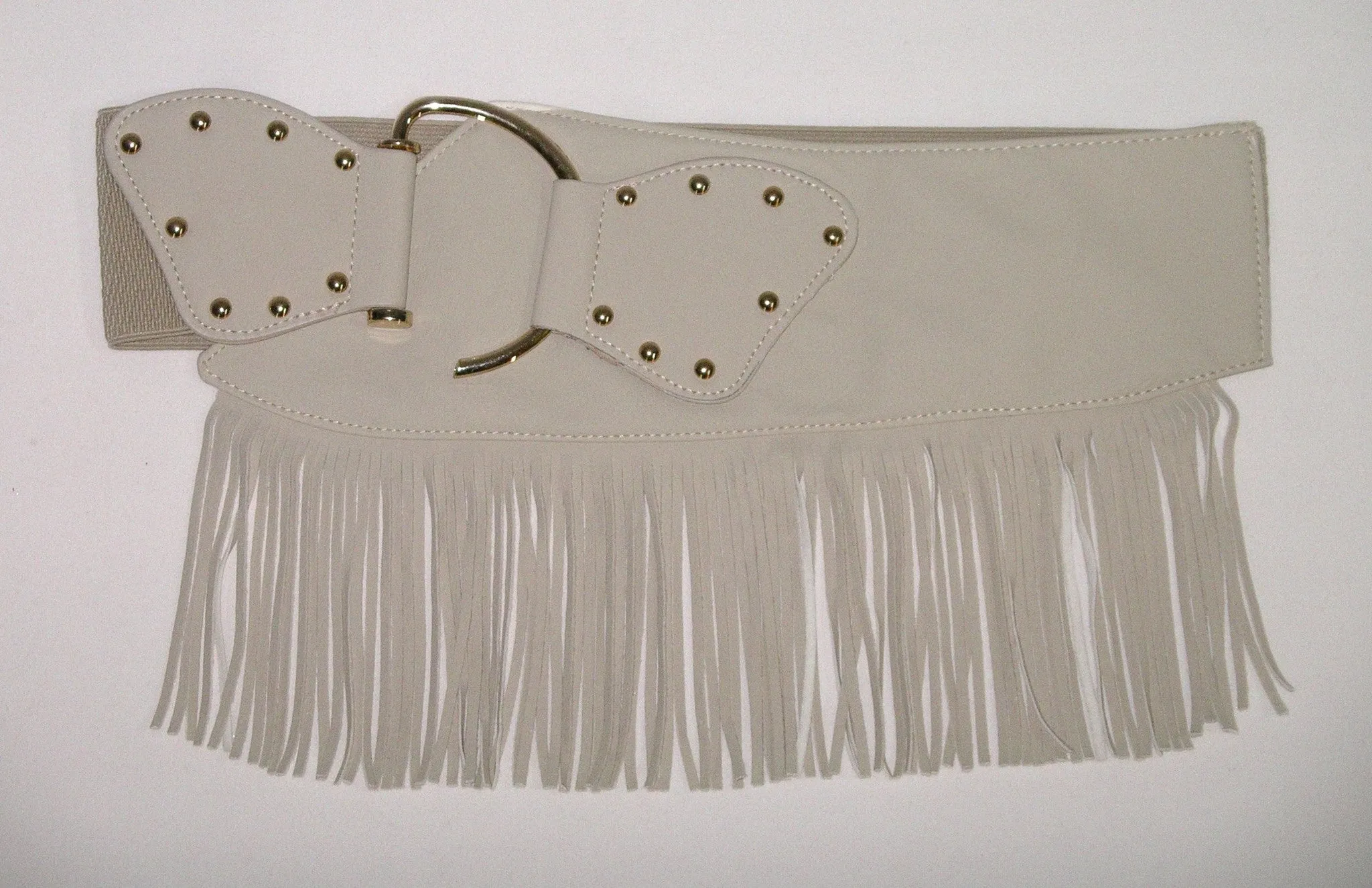 Fringe Belt Boho Beige Vegan Leather Wide Elastic Gold Studs Waist Cincher Cowgirl Western Southwestern 4" Wide With 4" Fringe XS Small Medium Large