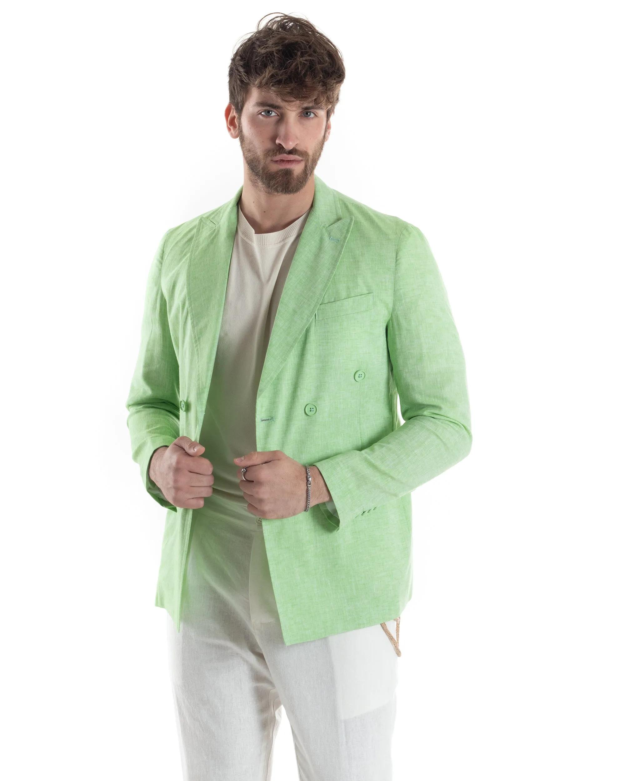 Giacca Uomo Lino Doppiopetto Melangiata Cerimonia Elegante Casual Verde Acido GIOSAL-G3180A