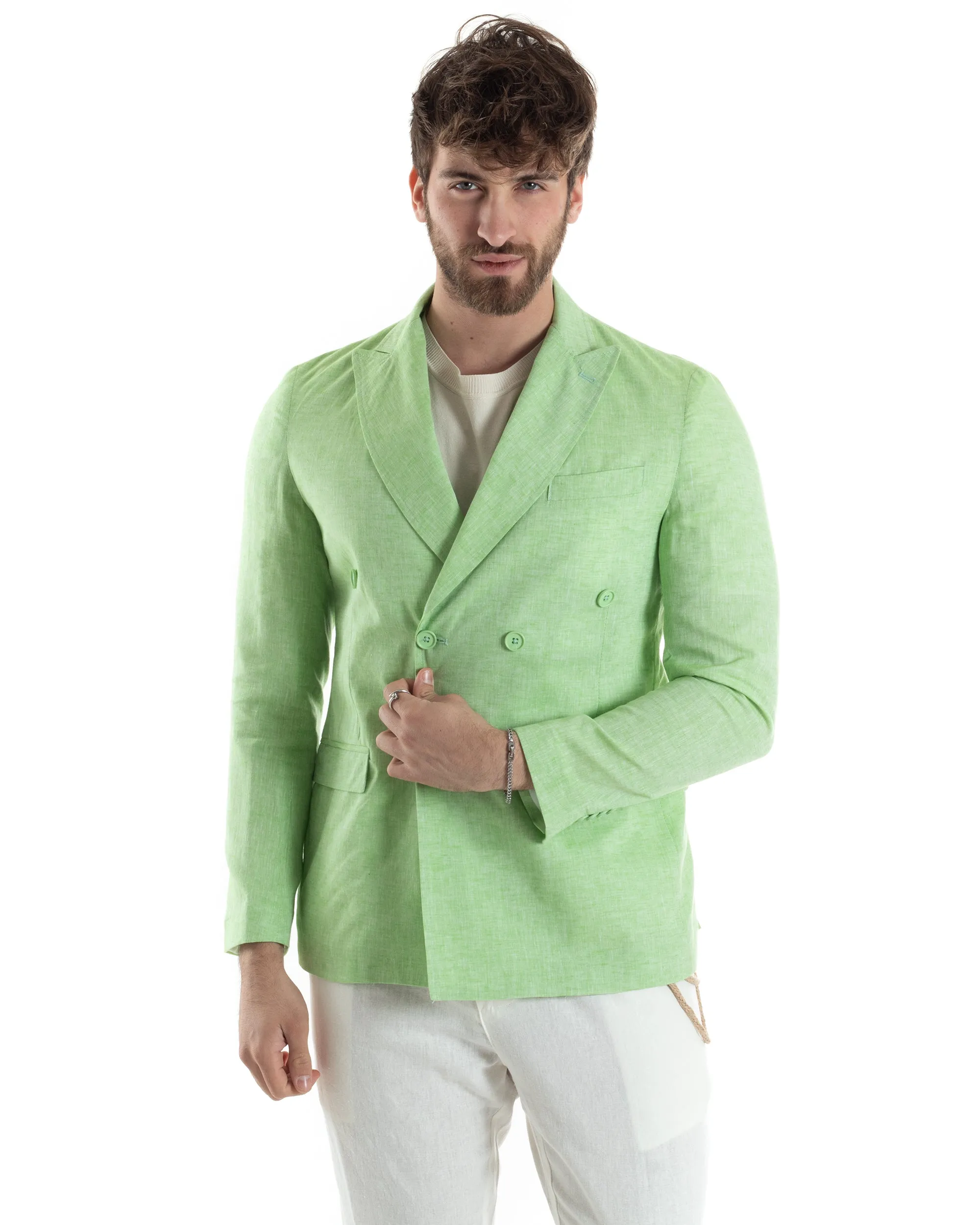 Giacca Uomo Lino Doppiopetto Melangiata Cerimonia Elegante Casual Verde Acido GIOSAL-G3180A