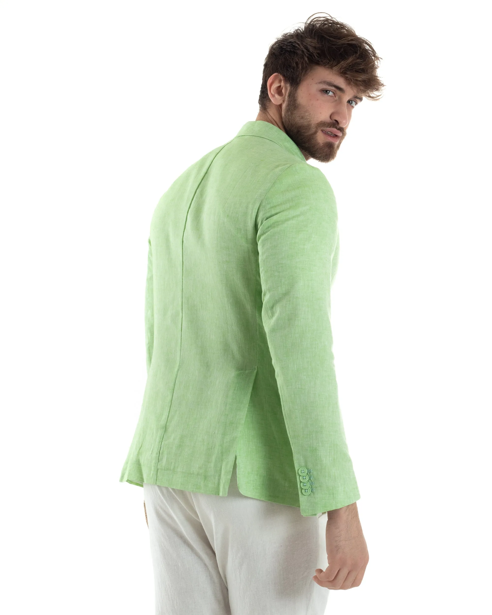 Giacca Uomo Lino Doppiopetto Melangiata Cerimonia Elegante Casual Verde Acido GIOSAL-G3180A