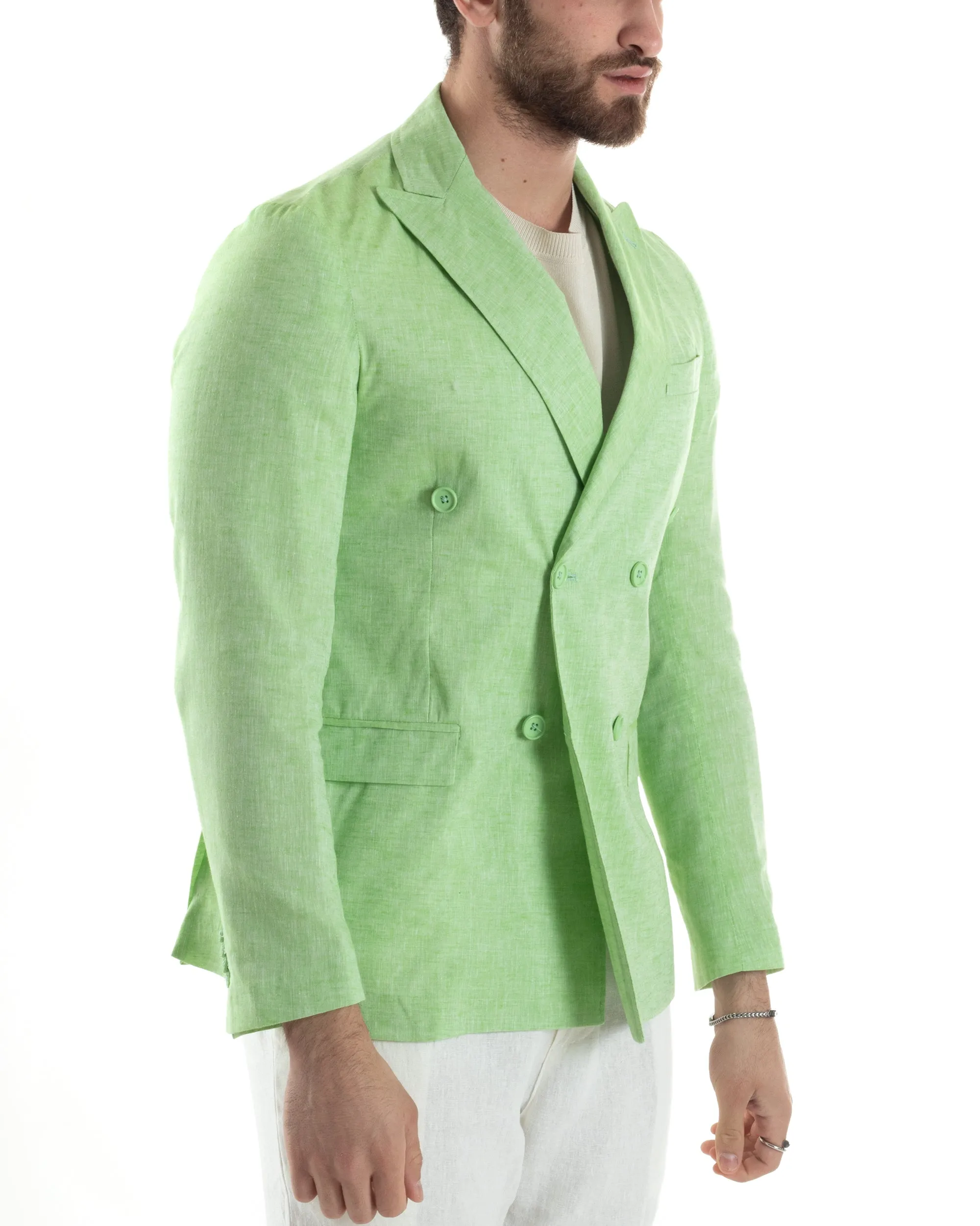 Giacca Uomo Lino Doppiopetto Melangiata Cerimonia Elegante Casual Verde Acido GIOSAL-G3180A